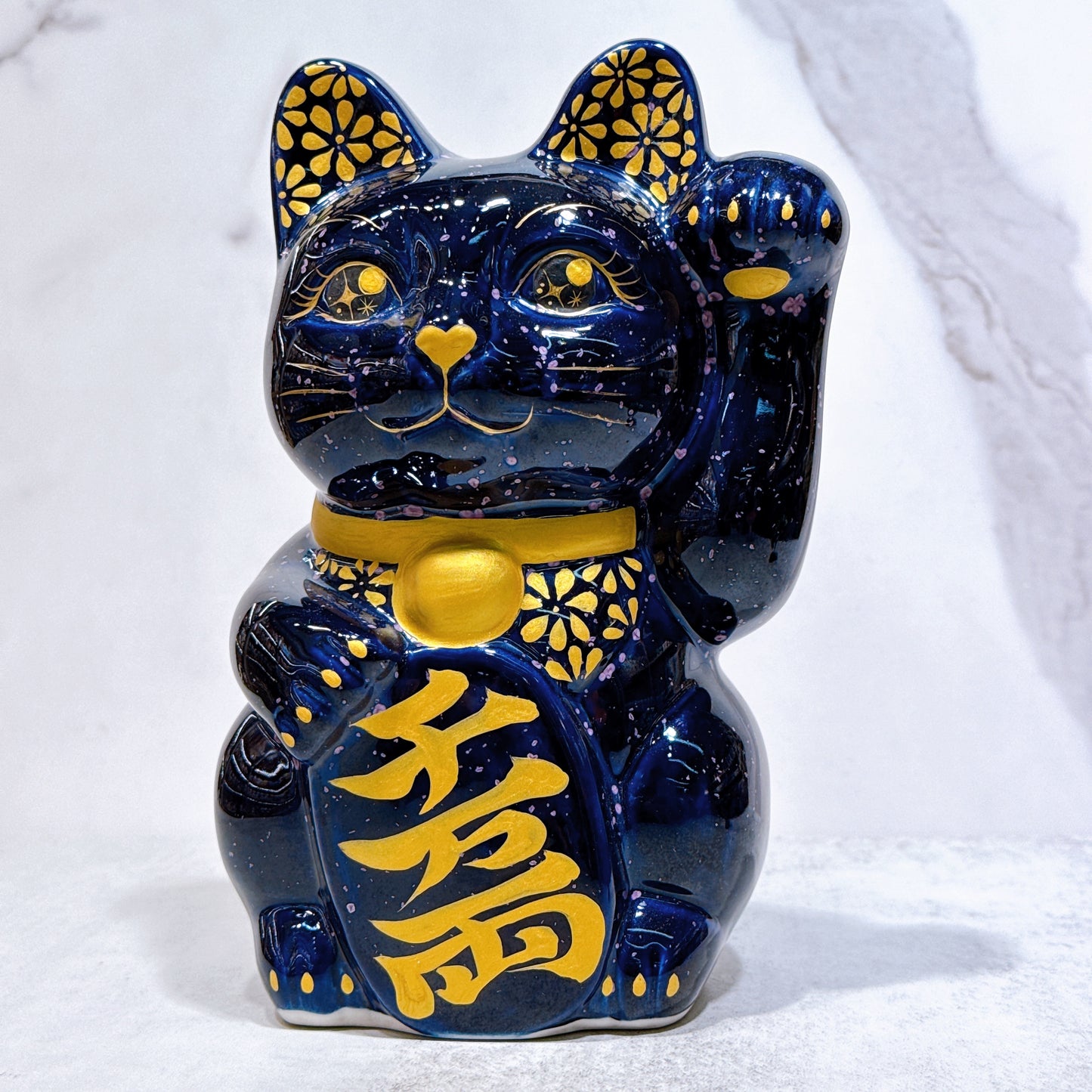 日本清水燒招財貓 透輝石 花紫 金彩 特大