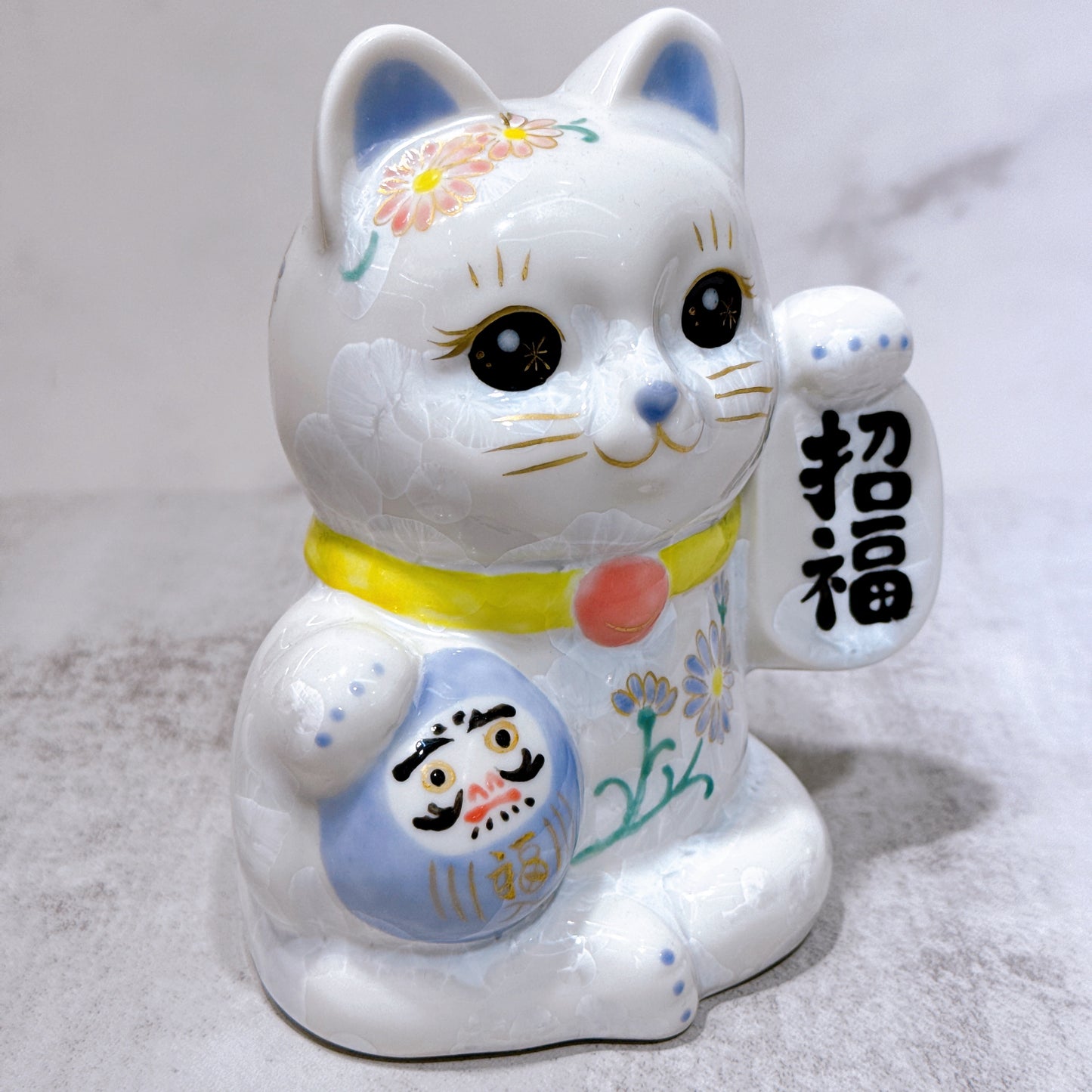 日本清水燒招財貓 達摩 花結晶 白 体花
