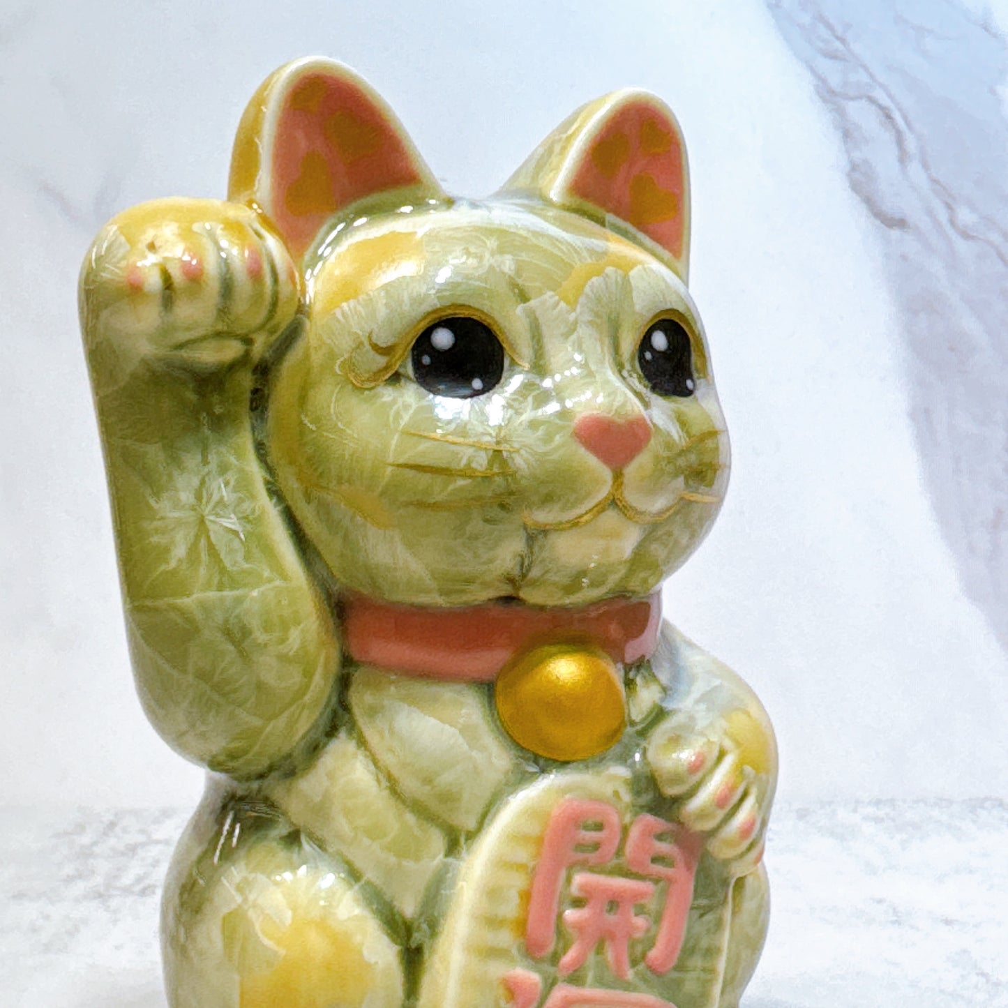 日本清水燒招財貓 花結晶 綠黃 開運 右