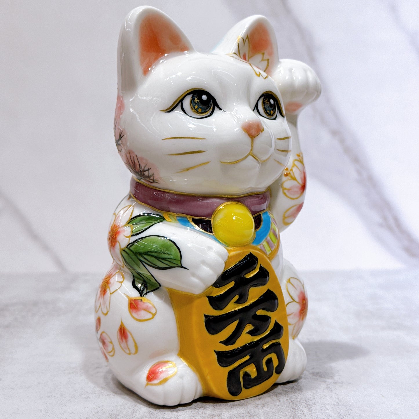 日本清水燒招財貓 色繪 富士櫻之貓