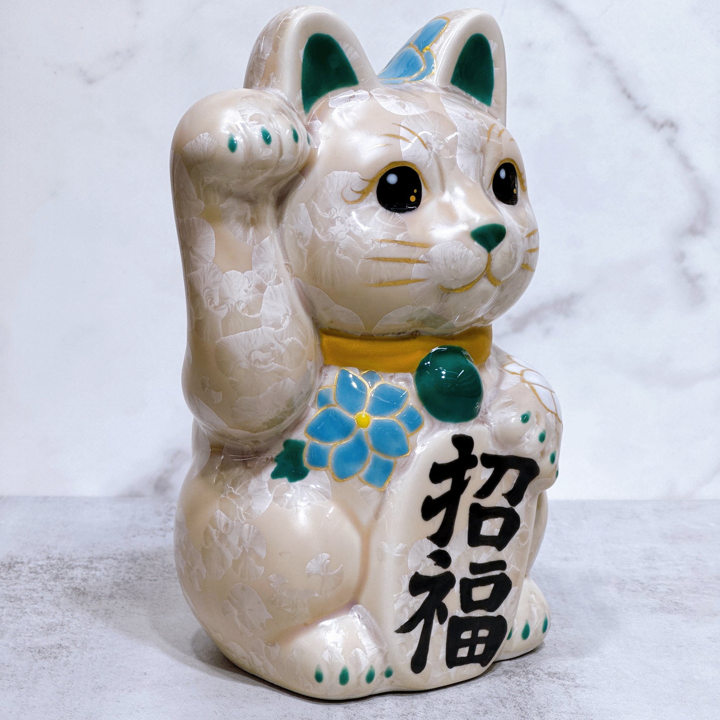 日本清水燒招財貓 花結晶 杏 招福 体花 特大 右