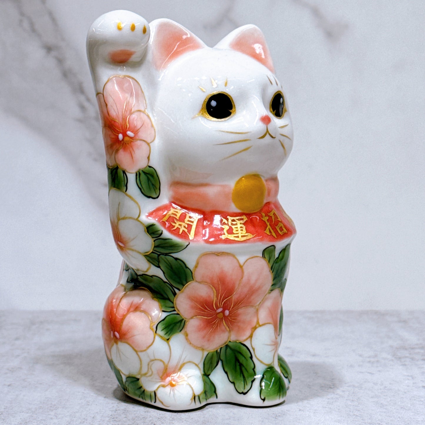 日本清水燒招財貓 色繪 橘三色堇