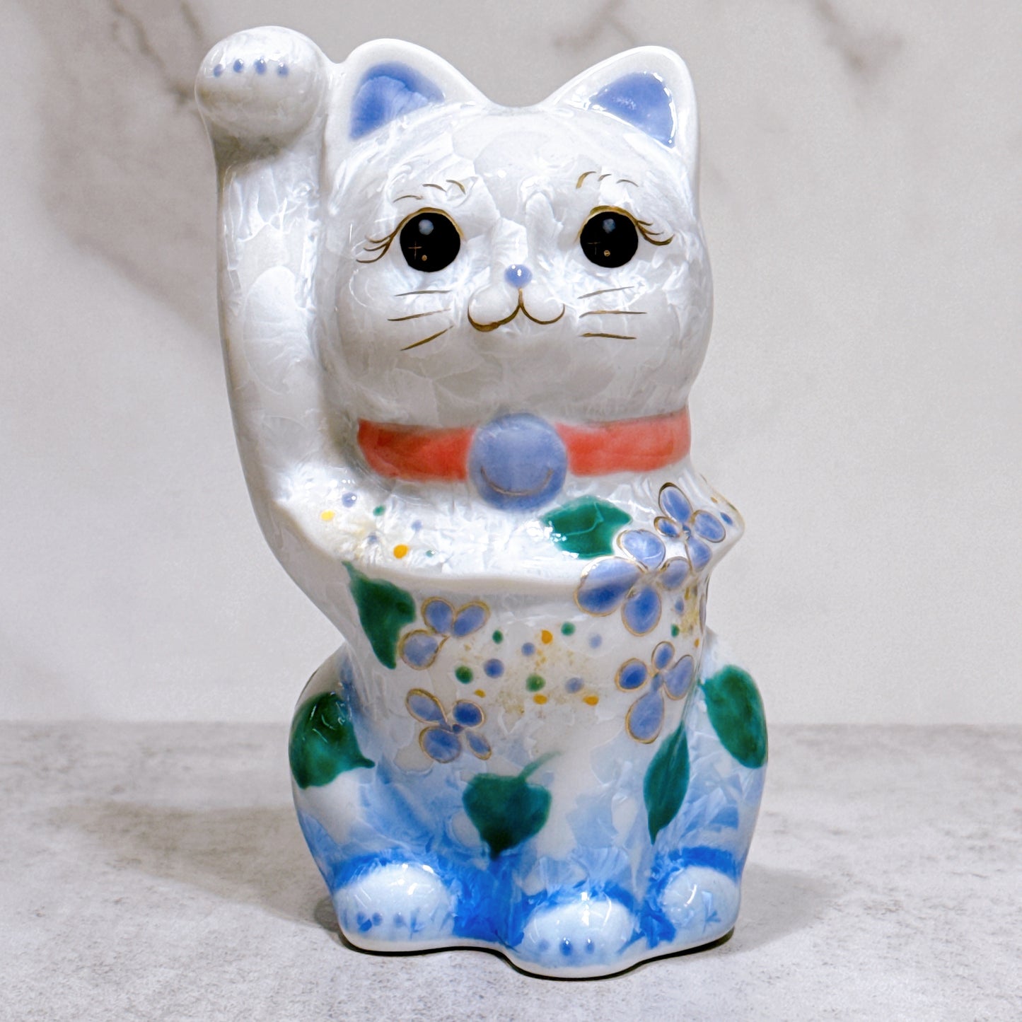 日本清水燒招財貓 花結晶 青白 体花