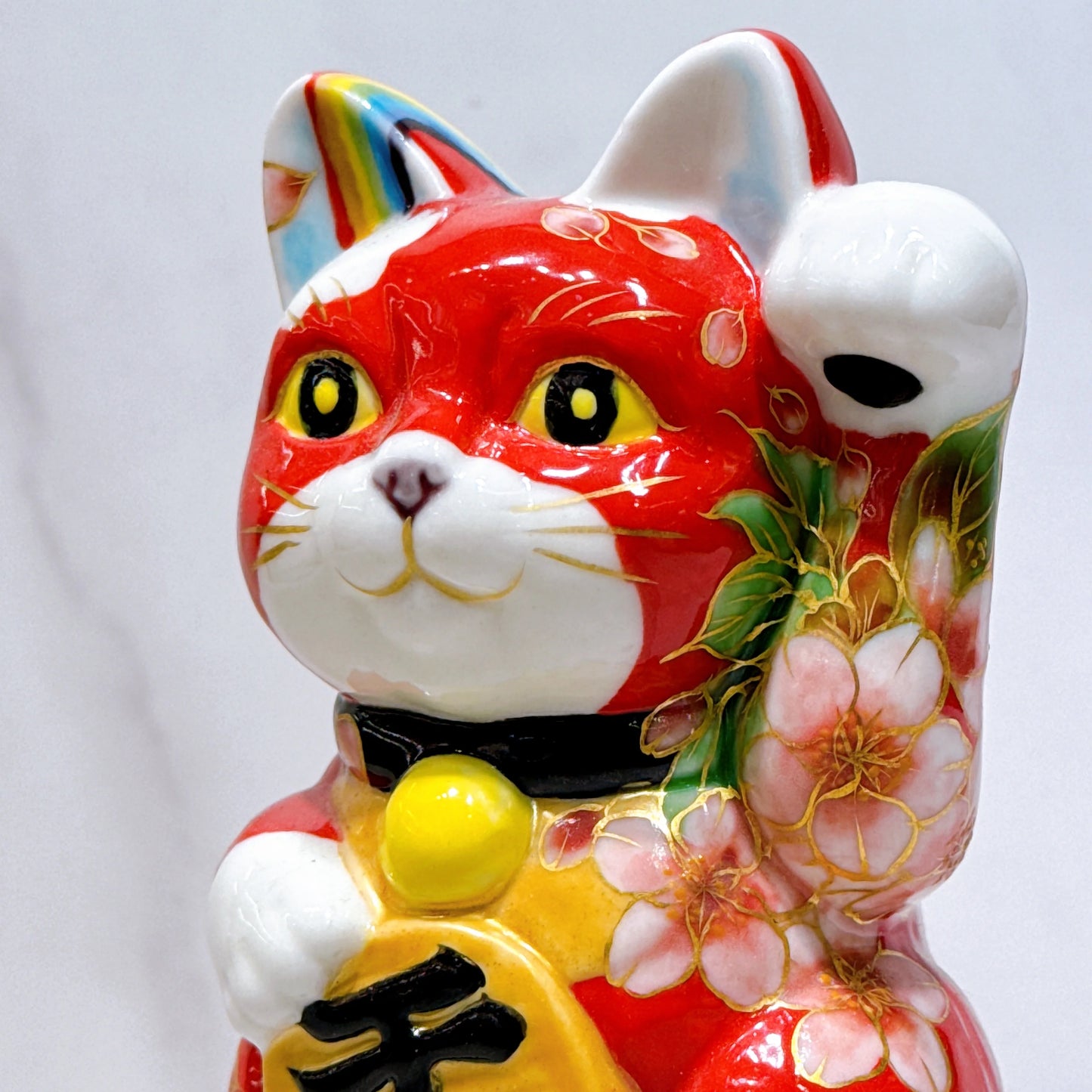 日本清水烧招财猫色绘赤涂山樱