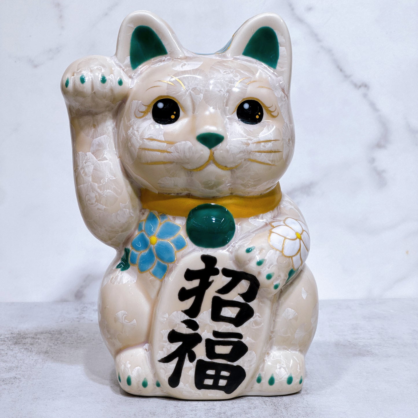 日本清水燒招財貓 花結晶 杏 招福 体花 特大 右