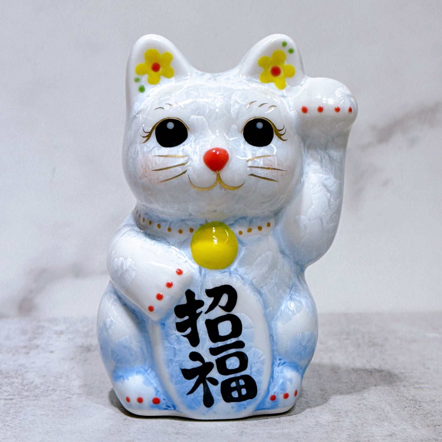 日本清水燒招財貓 花結晶 青白 左 特小