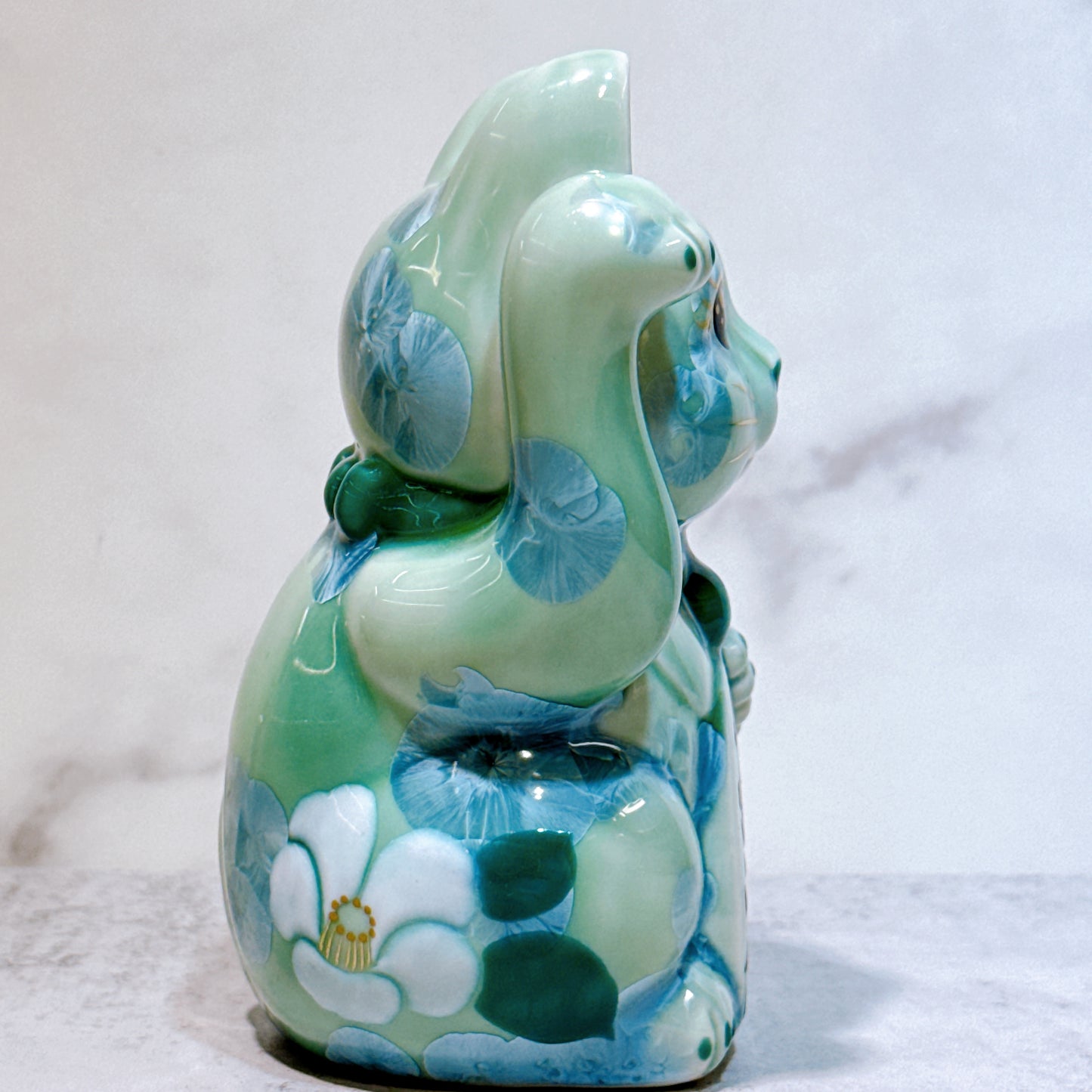 日本清水燒招財貓 花結晶 綠 招福 体花 右