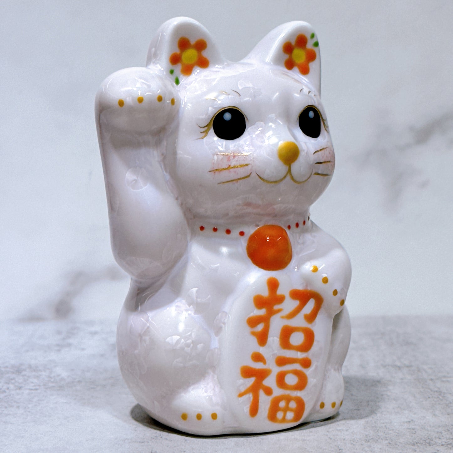 日本清水燒招財貓 花結晶 桃 右 特小