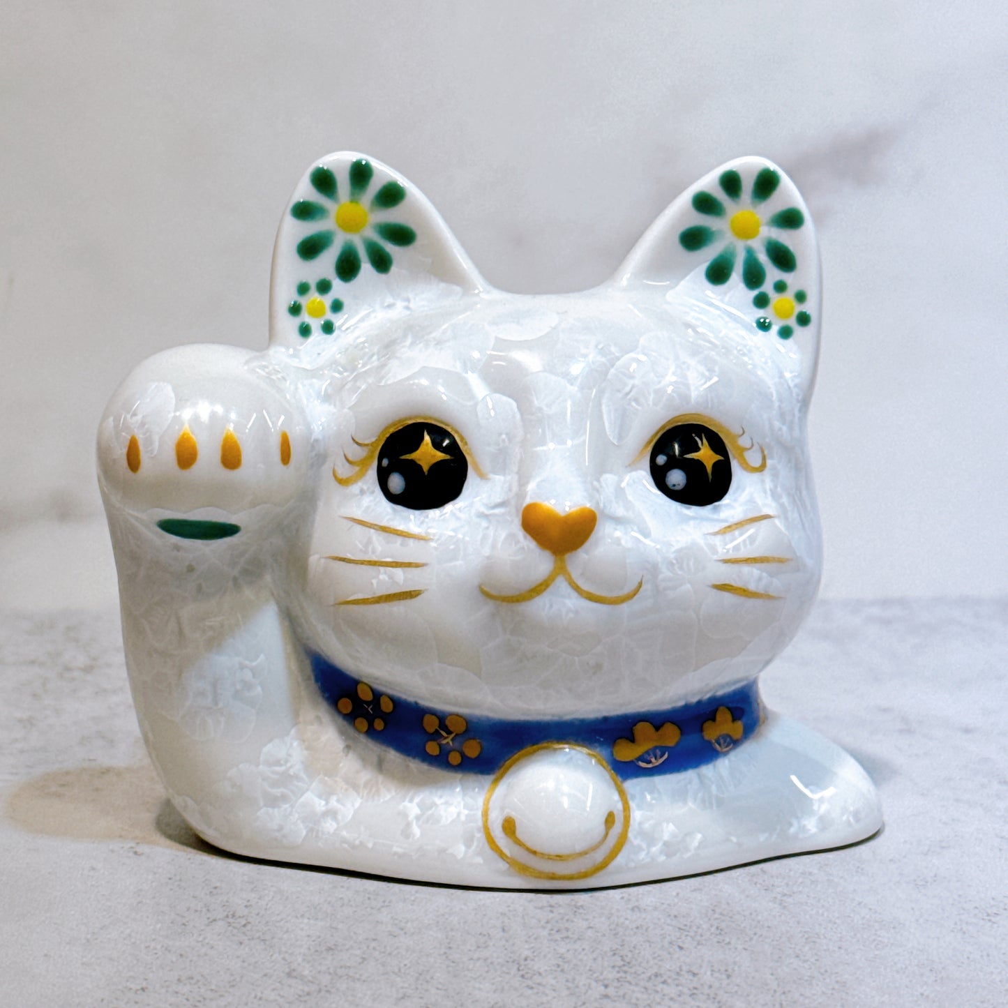 日本清水燒招財貓 貓半身 花結晶 白