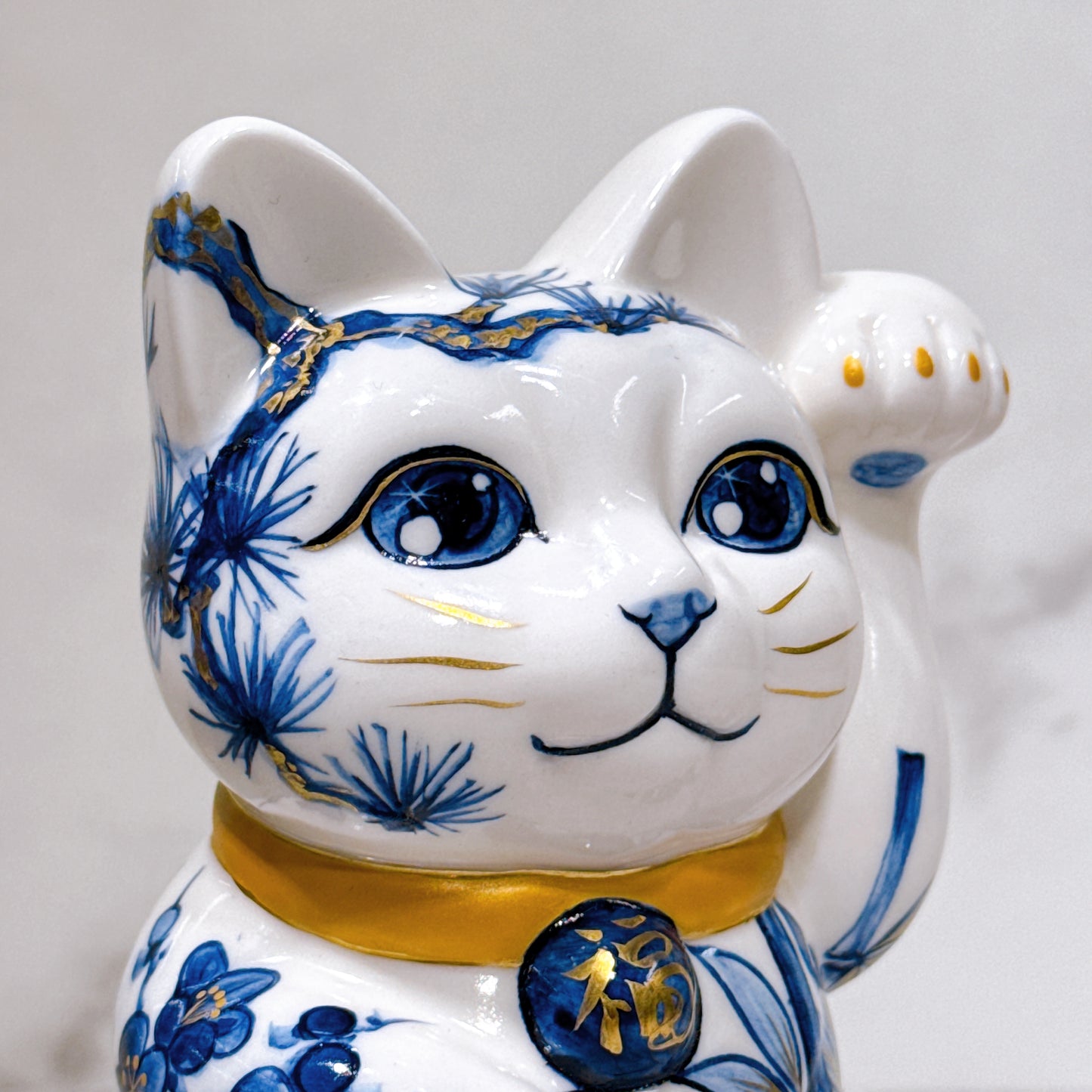 日本清水燒招財貓 染付 松竹梅 金彩