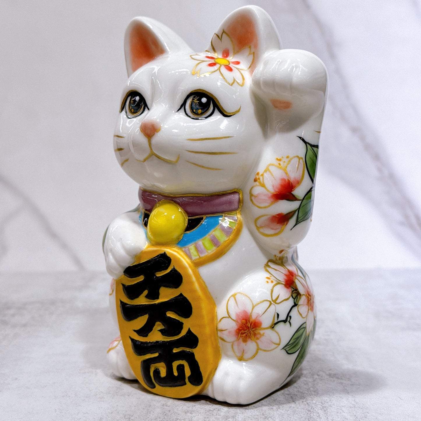 日本清水燒招財貓 色繪 富士櫻之貓