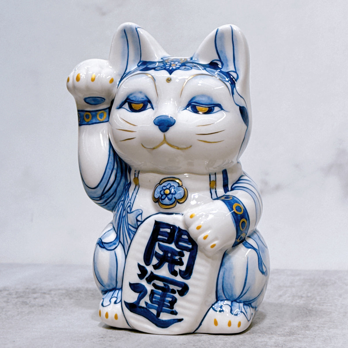 日本清水燒招財貓 染付 觀音 金彩