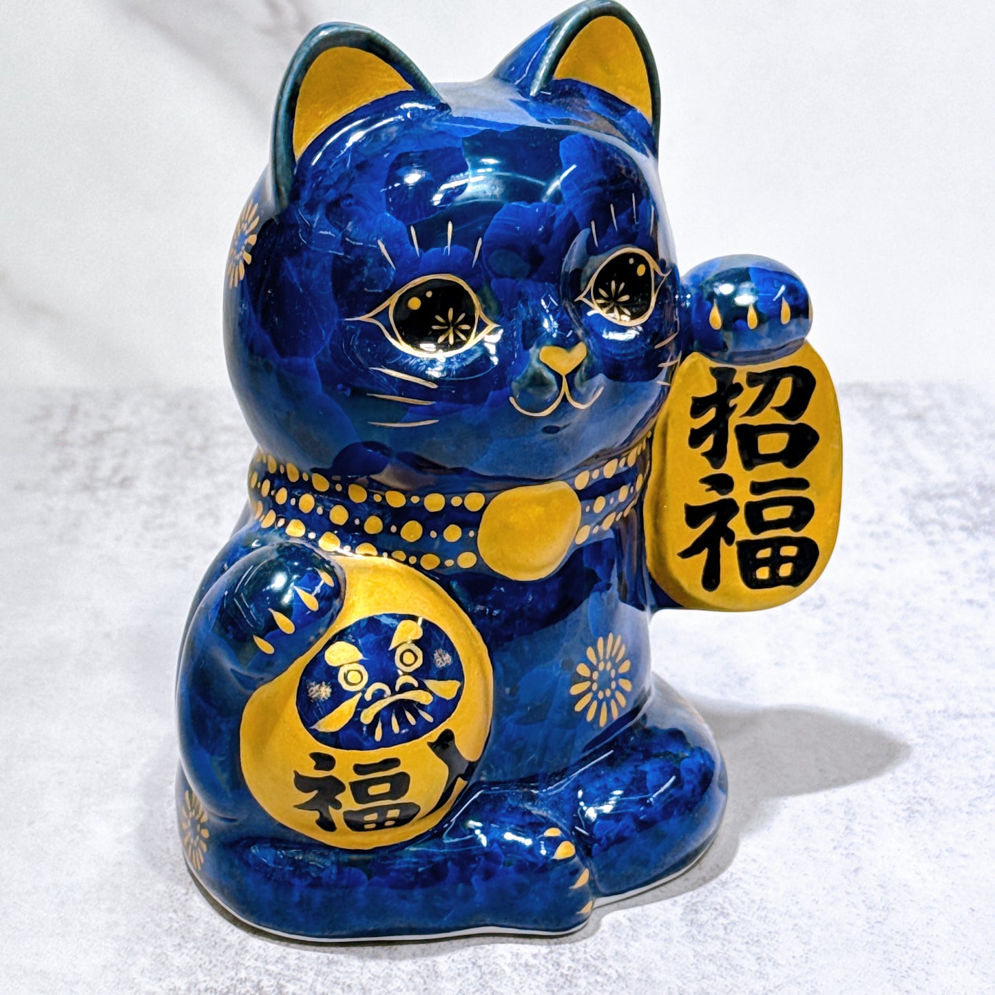 日本清水燒招財貓 達摩 花結晶 青墨 招福