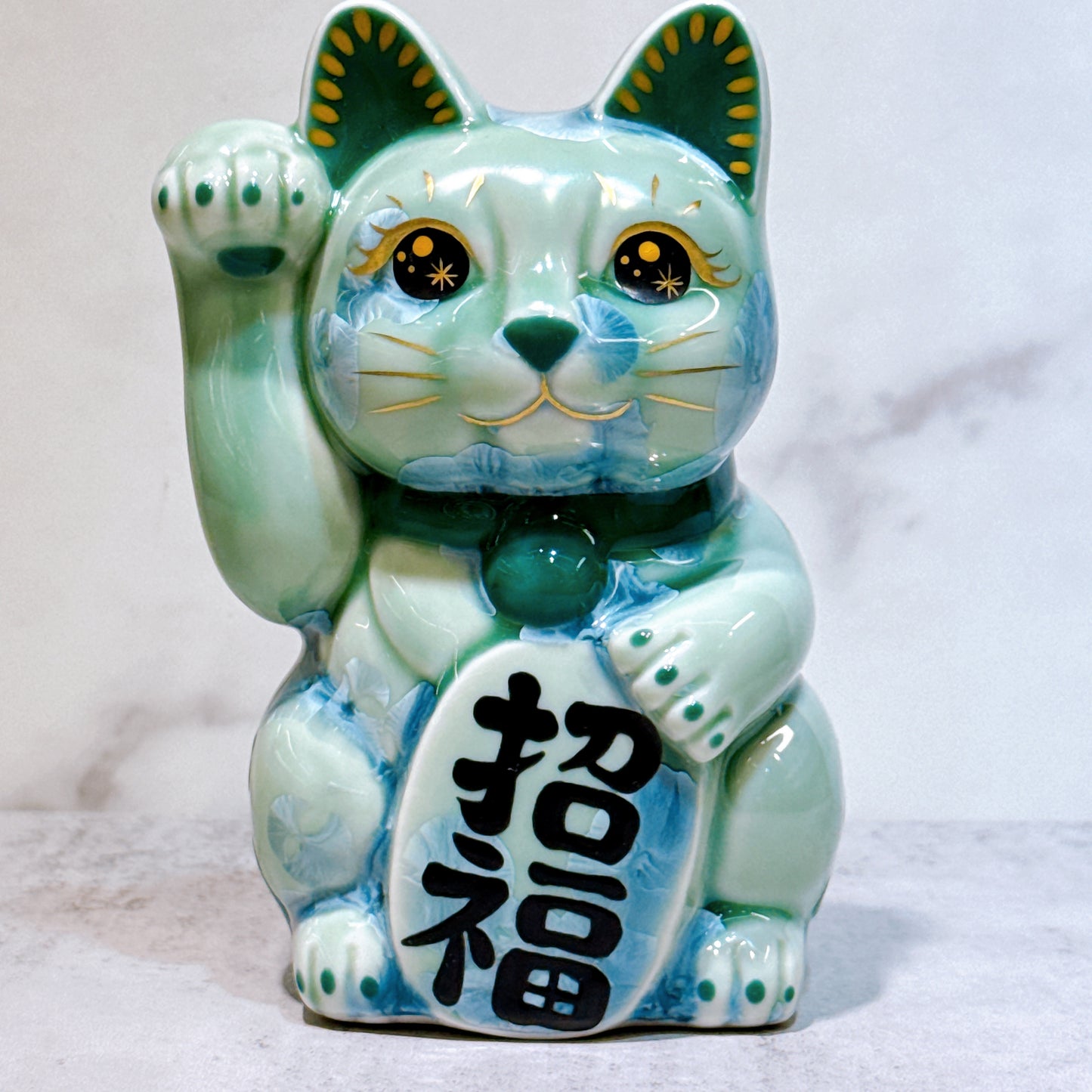 日本清水燒招財貓 花結晶 綠 招福 体花 右