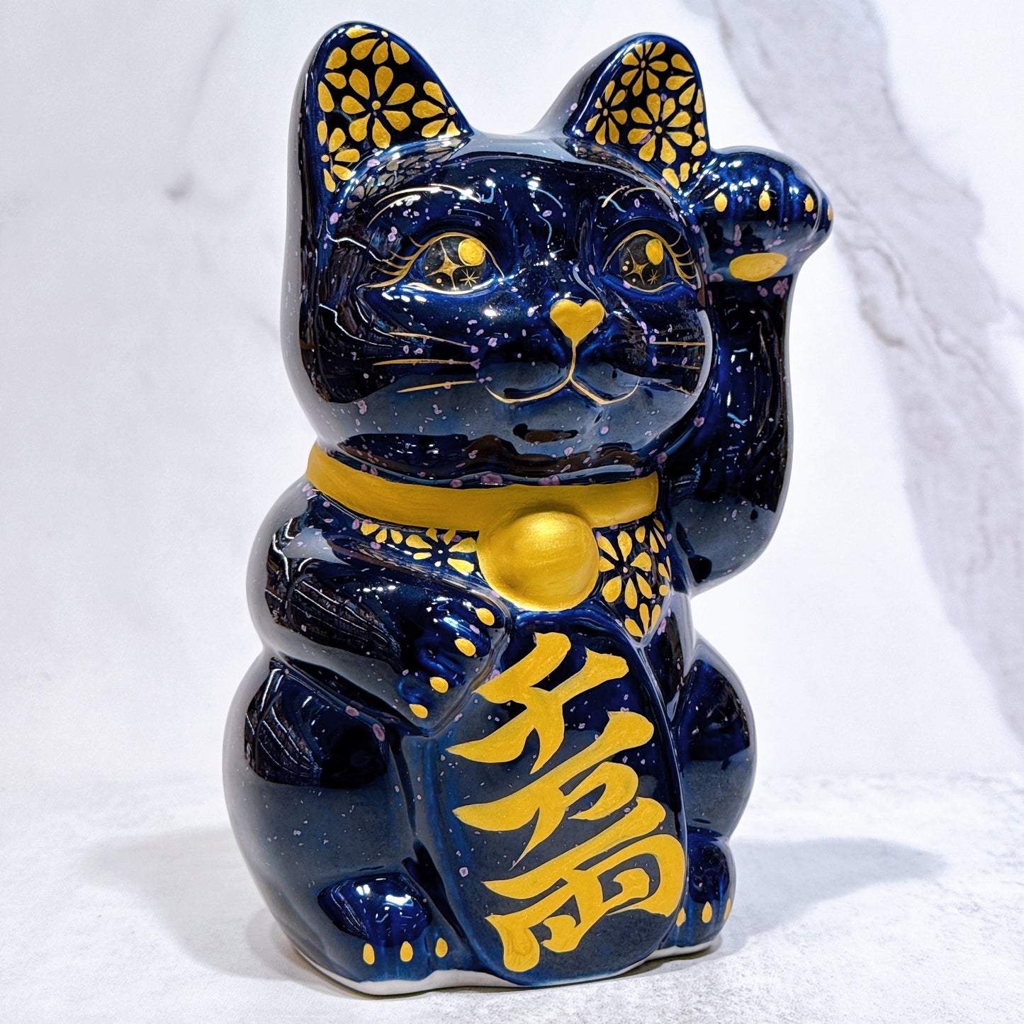 日本清水燒招財貓 透輝石 花紫 金彩 特大