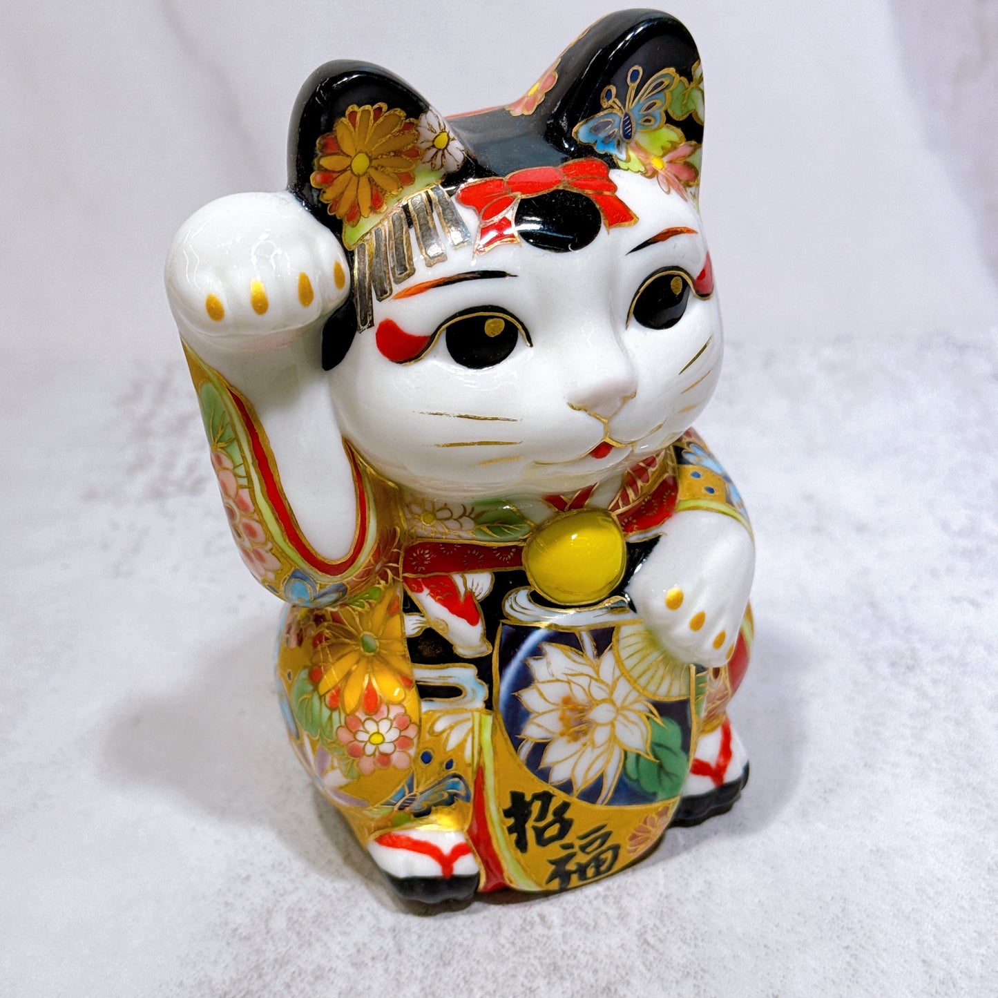 日本清水烧招财猫 色绘 舞妓 黄金牡丹鲤