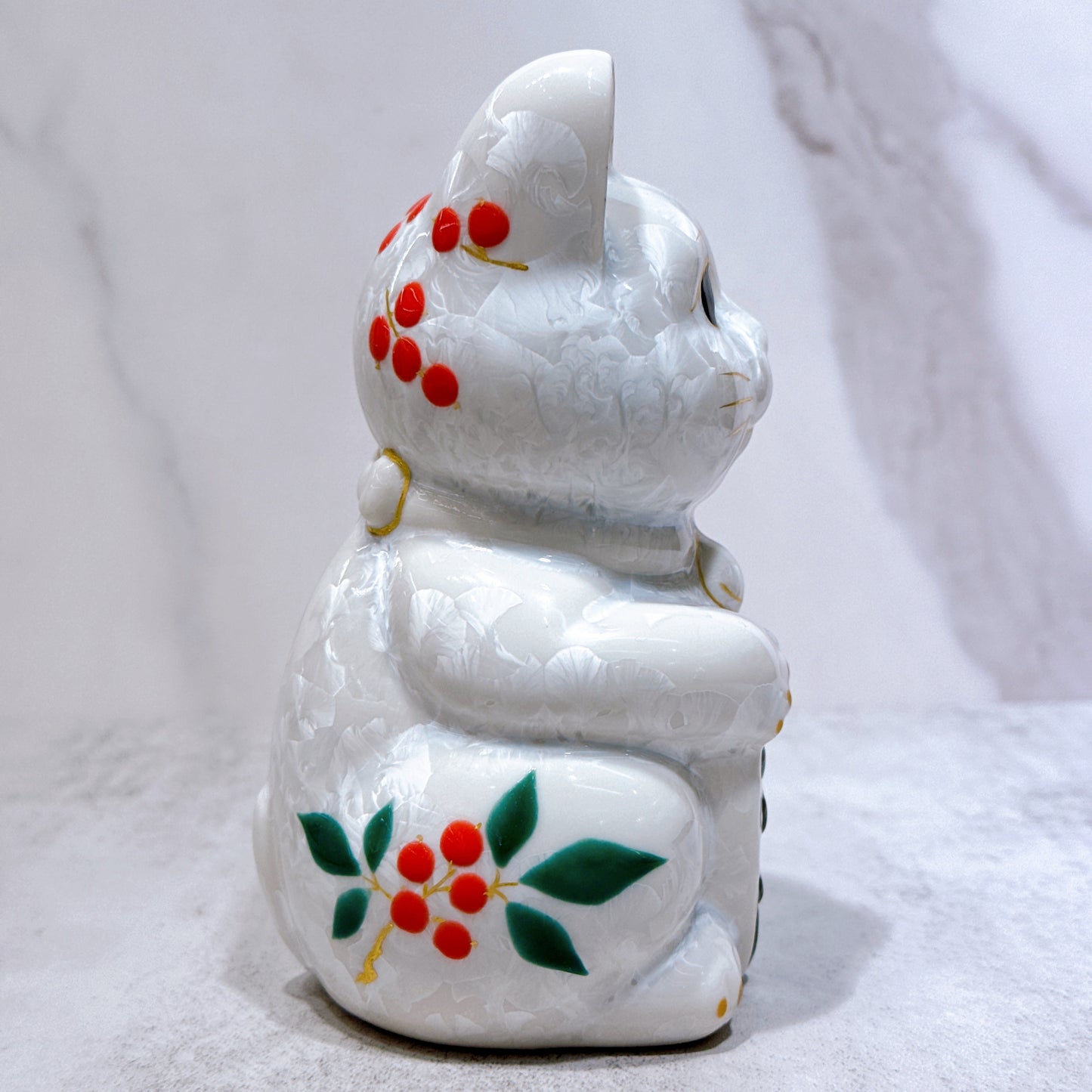 日本清水燒招財貓 花結晶 白 体花 千万両 左