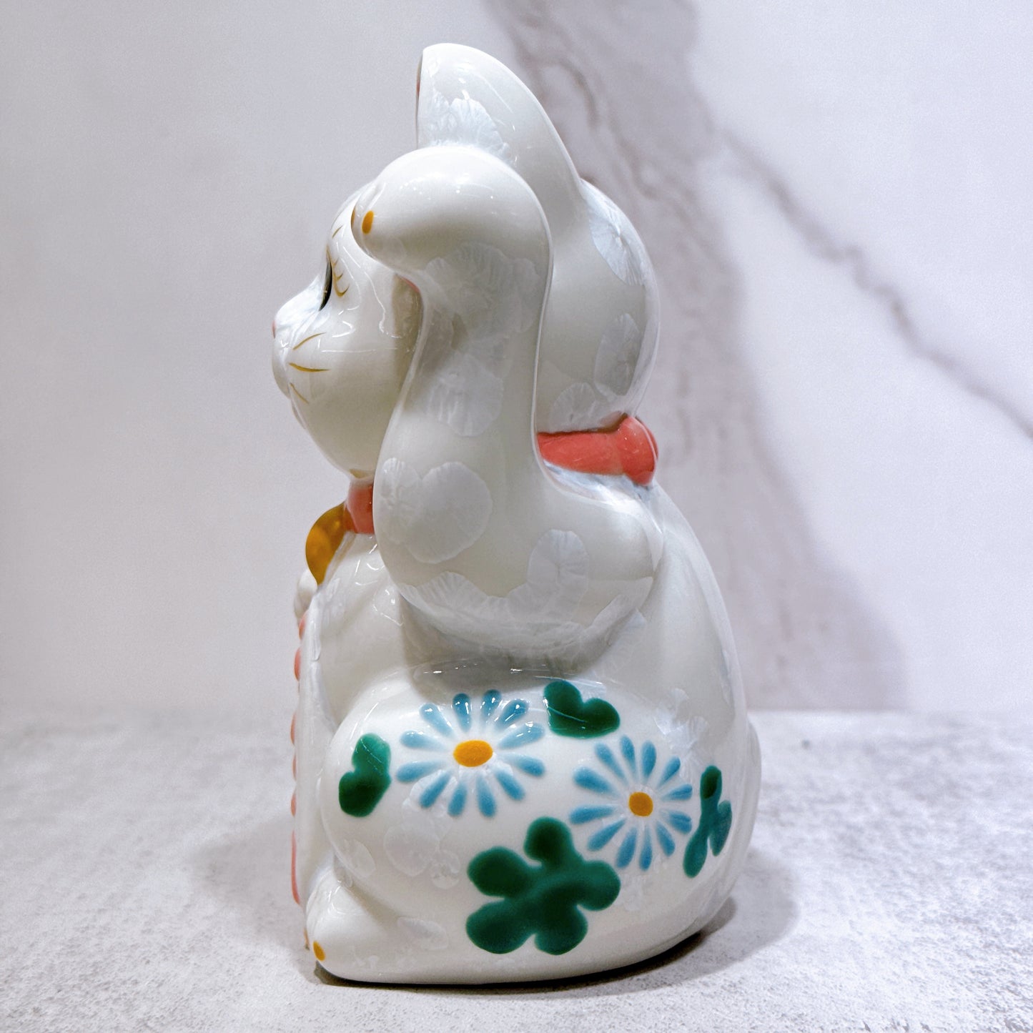 日本清水烧招财猫 花结晶 白 体花 千万两 左