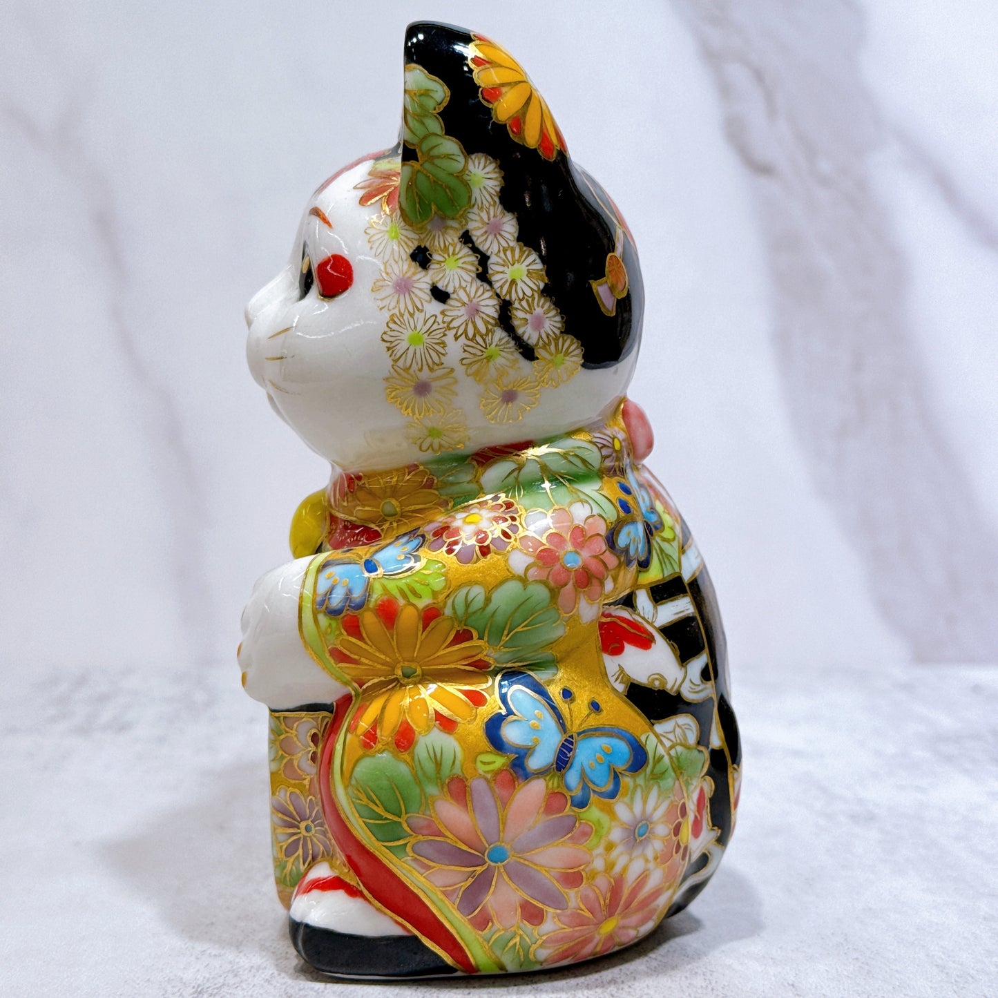 日本清水烧招财猫 色绘 舞妓 黄金牡丹鲤