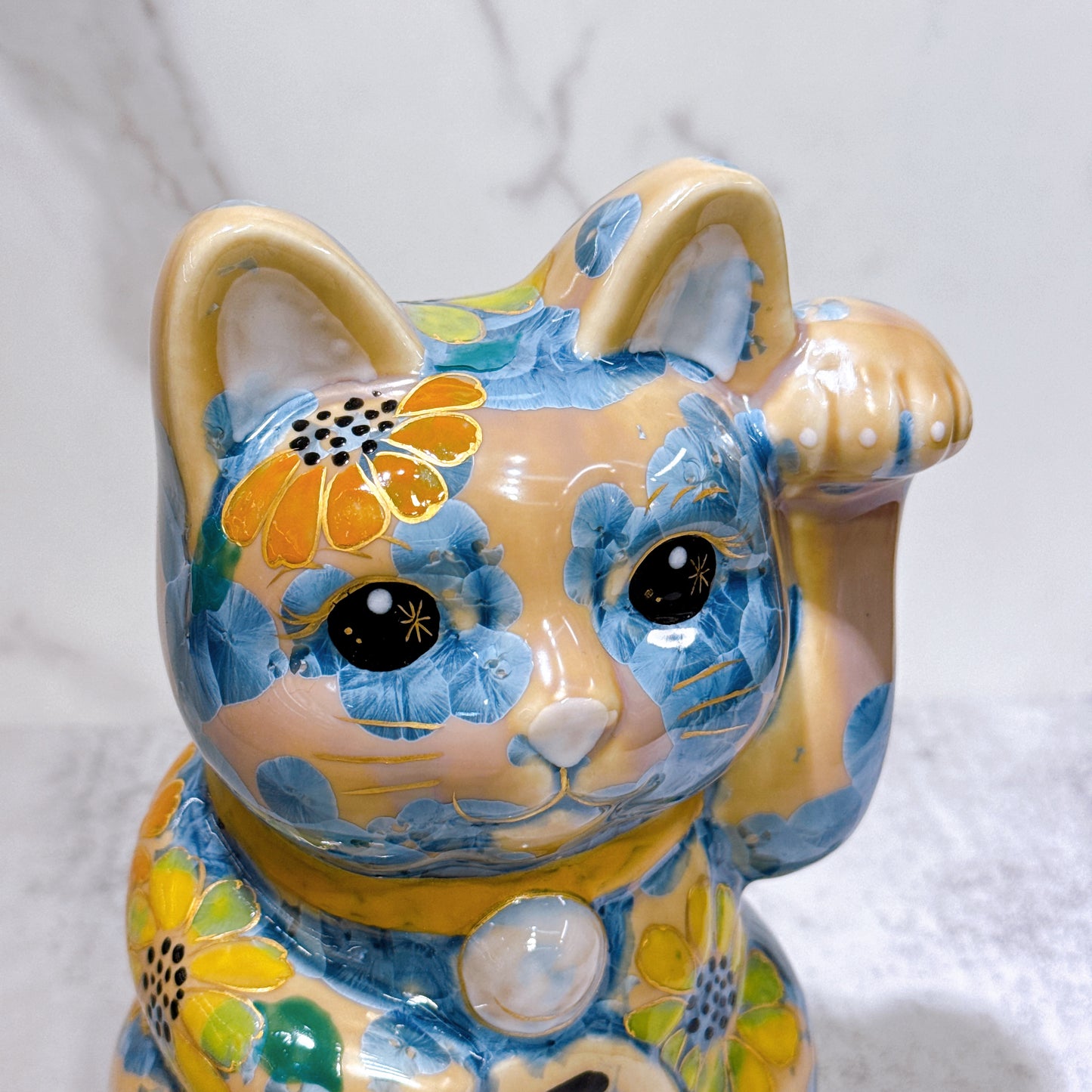 日本清水燒招財貓 花結晶 灰青 億万両 体花 特大 左