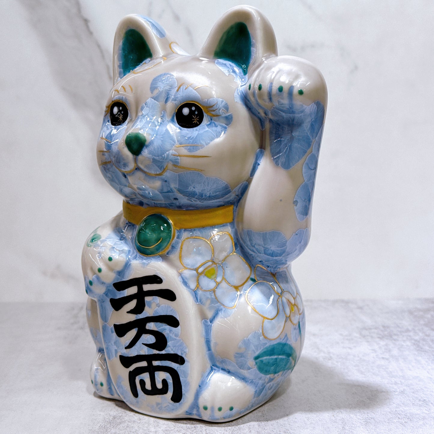 日本清水燒招財貓 花結晶 銀藤 億万両 体花 特大 左