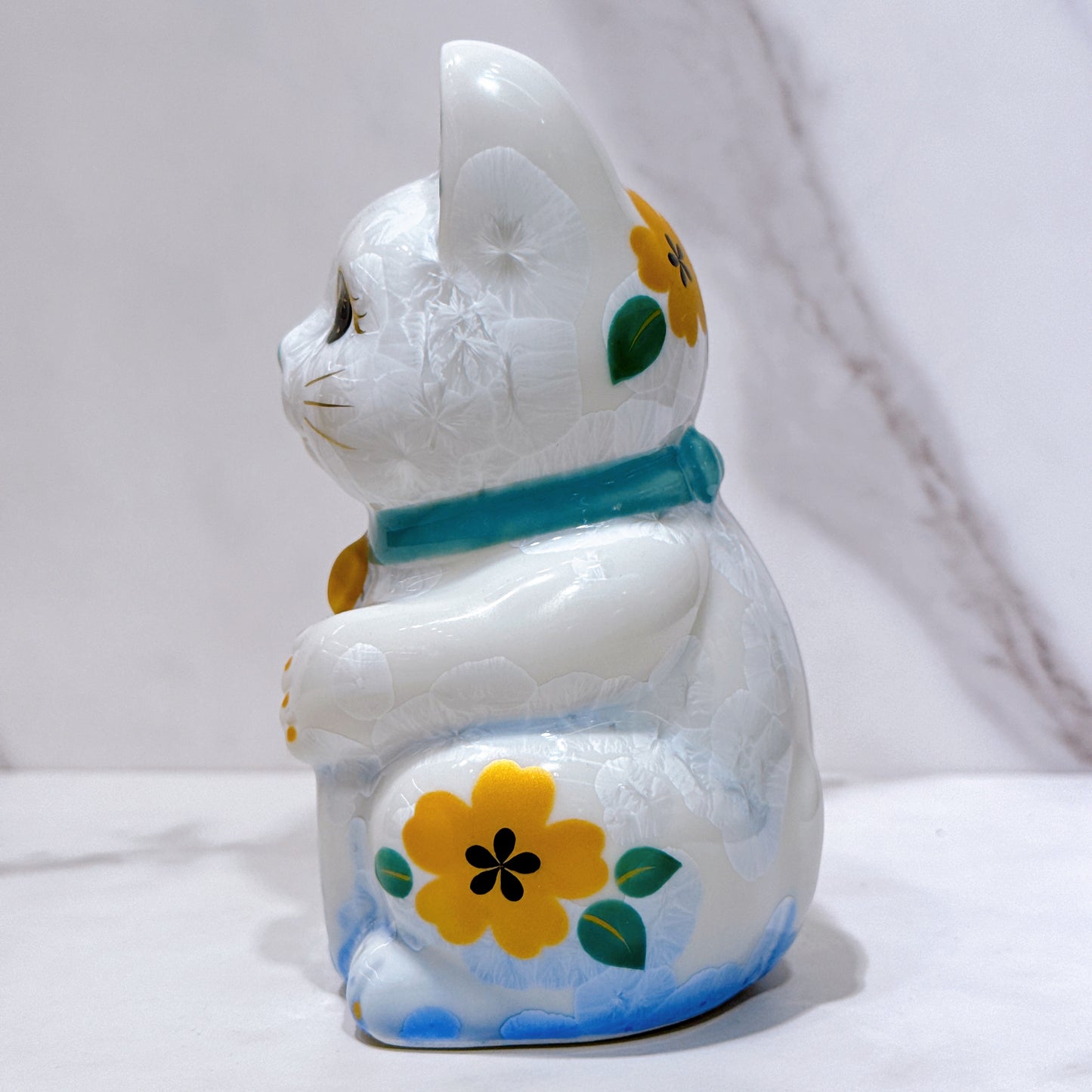 日本清水燒招財貓 花結晶 青白 体花 招福 右