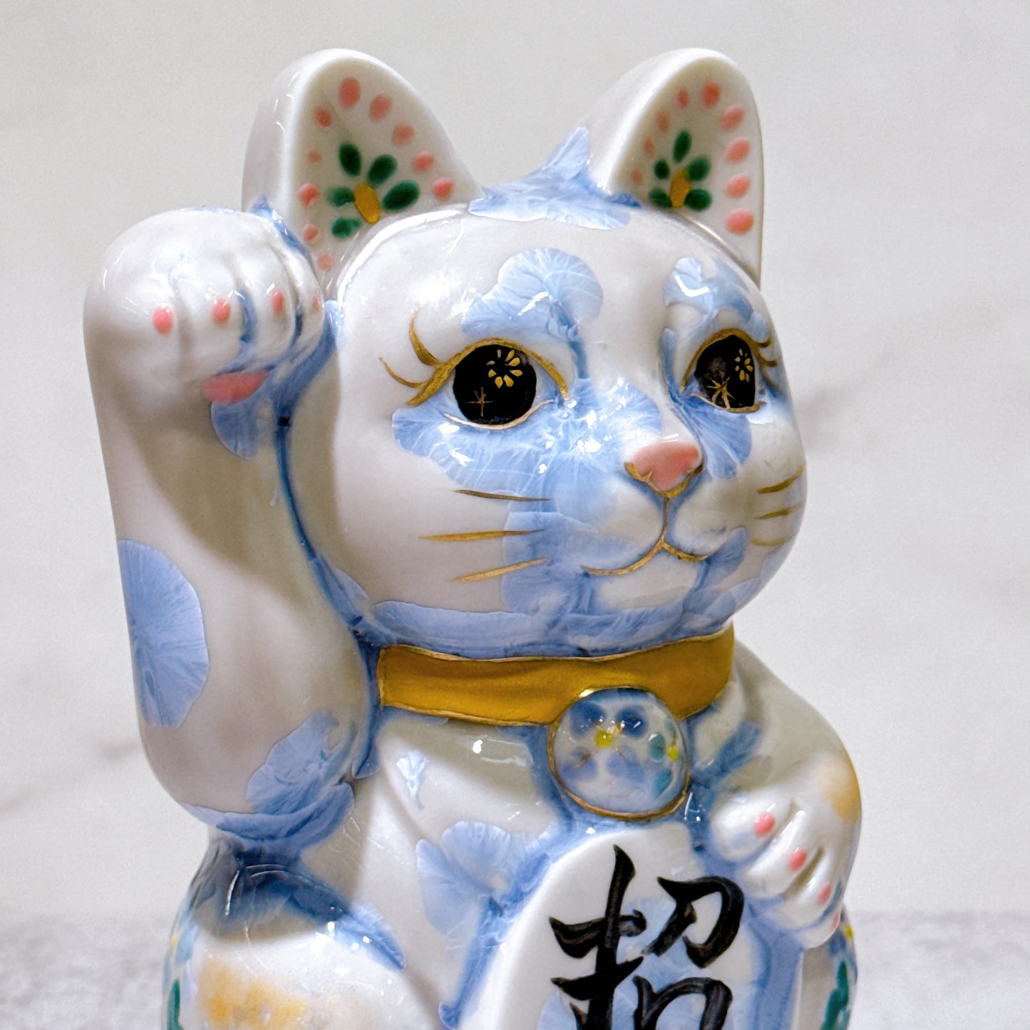 日本清水燒招財貓 花結晶 銀藤 体花 招福 右