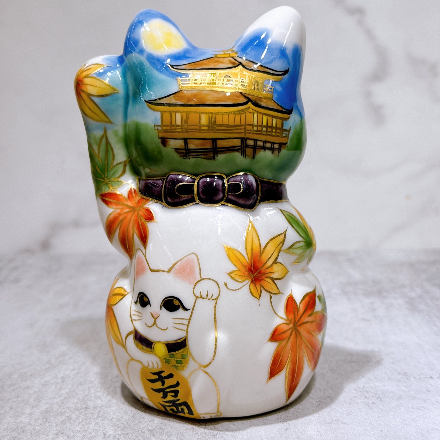 日本清水燒招財貓 色繪 金閣寺 猫守