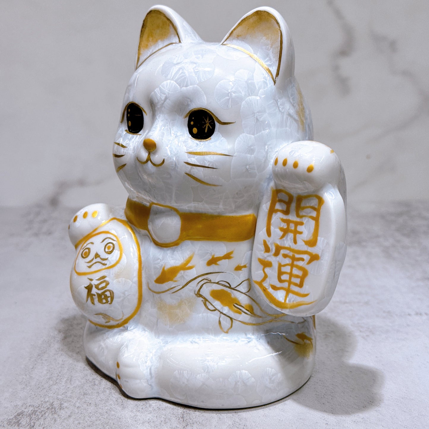 日本清水燒招財貓 達摩 花結晶 白 体花