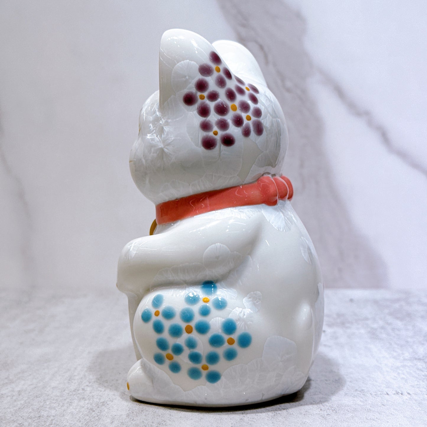 日本清水烧招财猫 花结晶 白 体花 健康 右