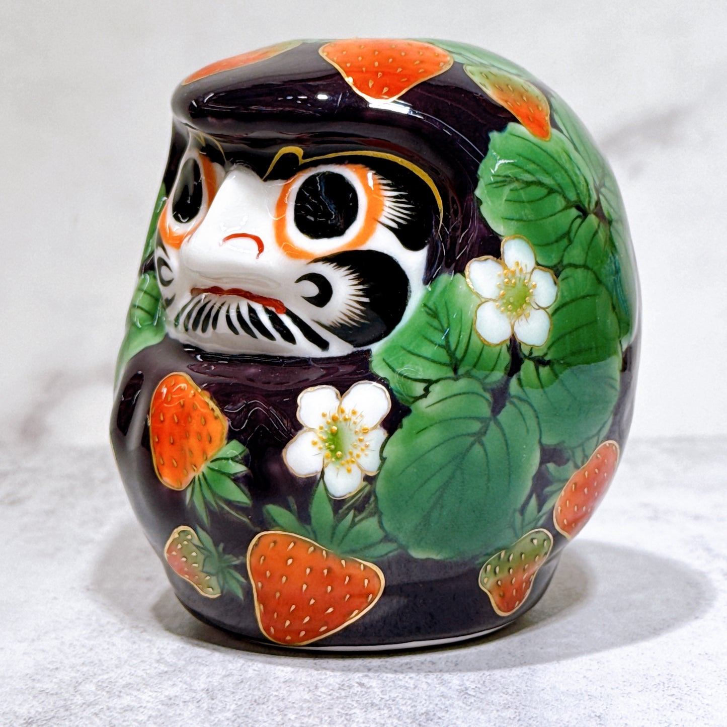 日本清水燒達摩 色繪 紫地草莓 小號