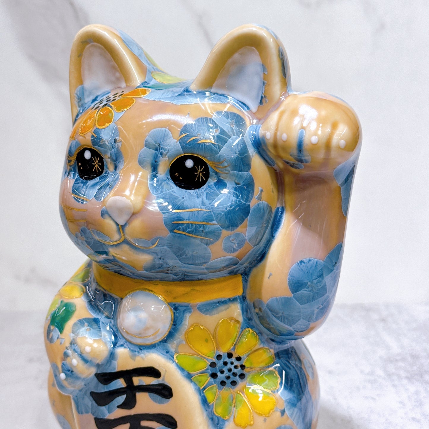 日本清水燒招財貓 花結晶 灰青 億万両 体花 特大 左