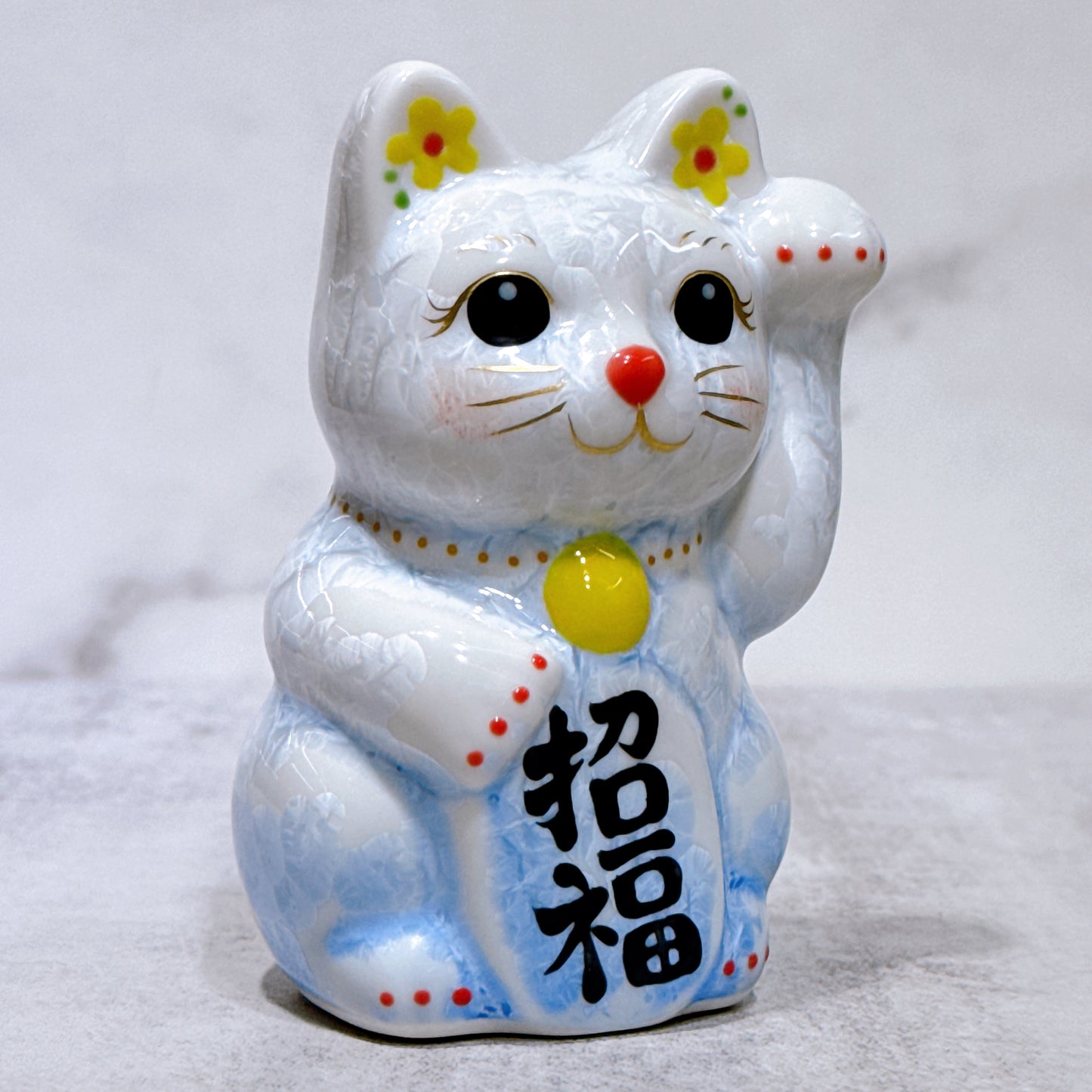 日本清水燒招財貓 花結晶 青白 左 特小