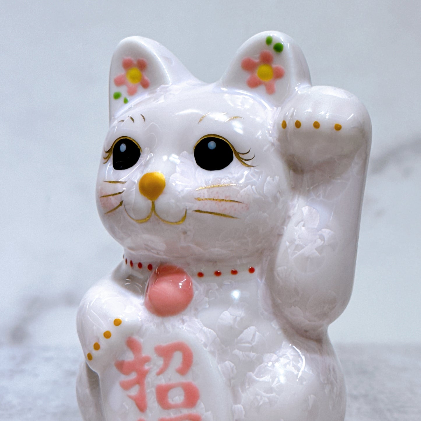 日本清水燒招財貓 花結晶 桃 左 特小