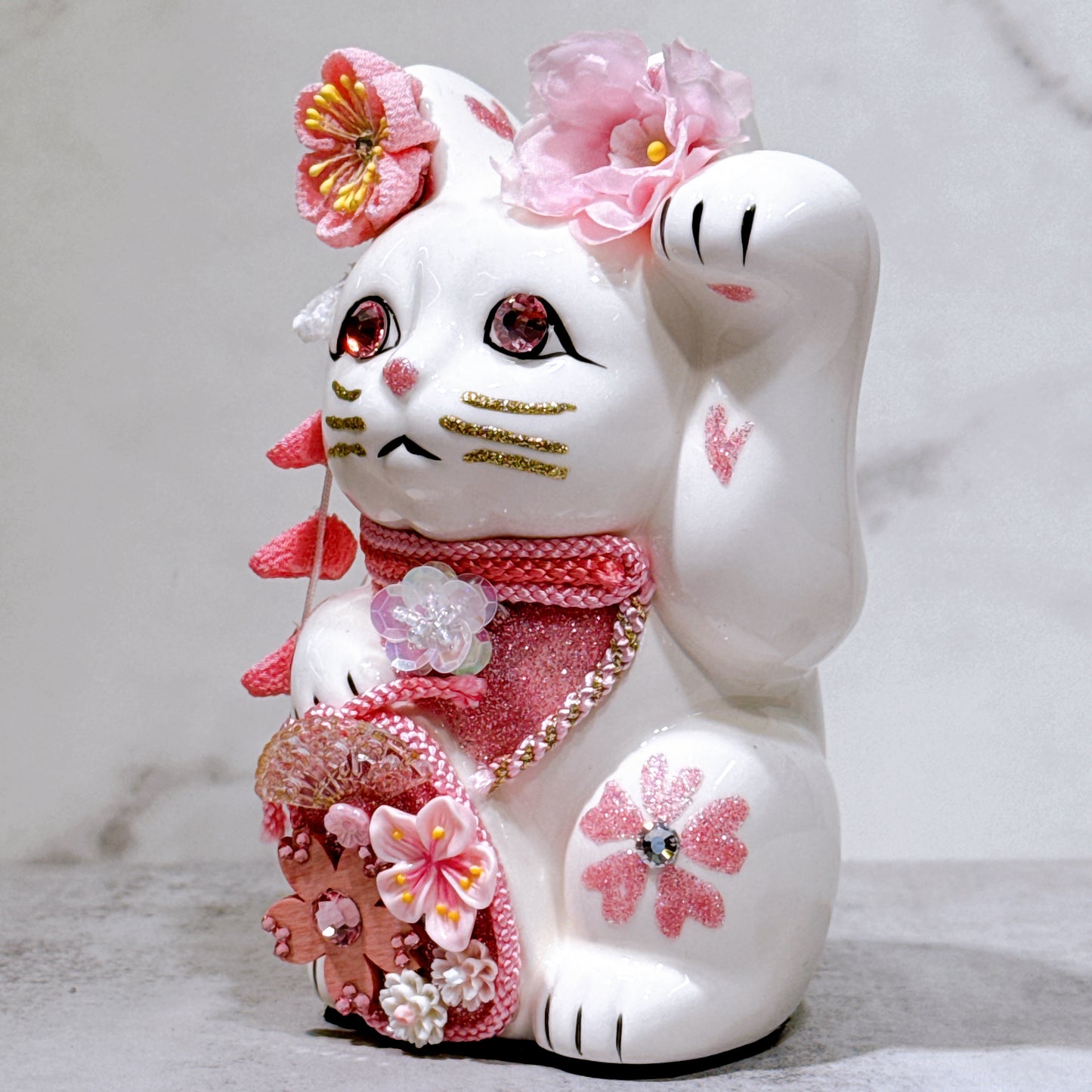 日本花見招財貓 櫻貓 5號 白 左手