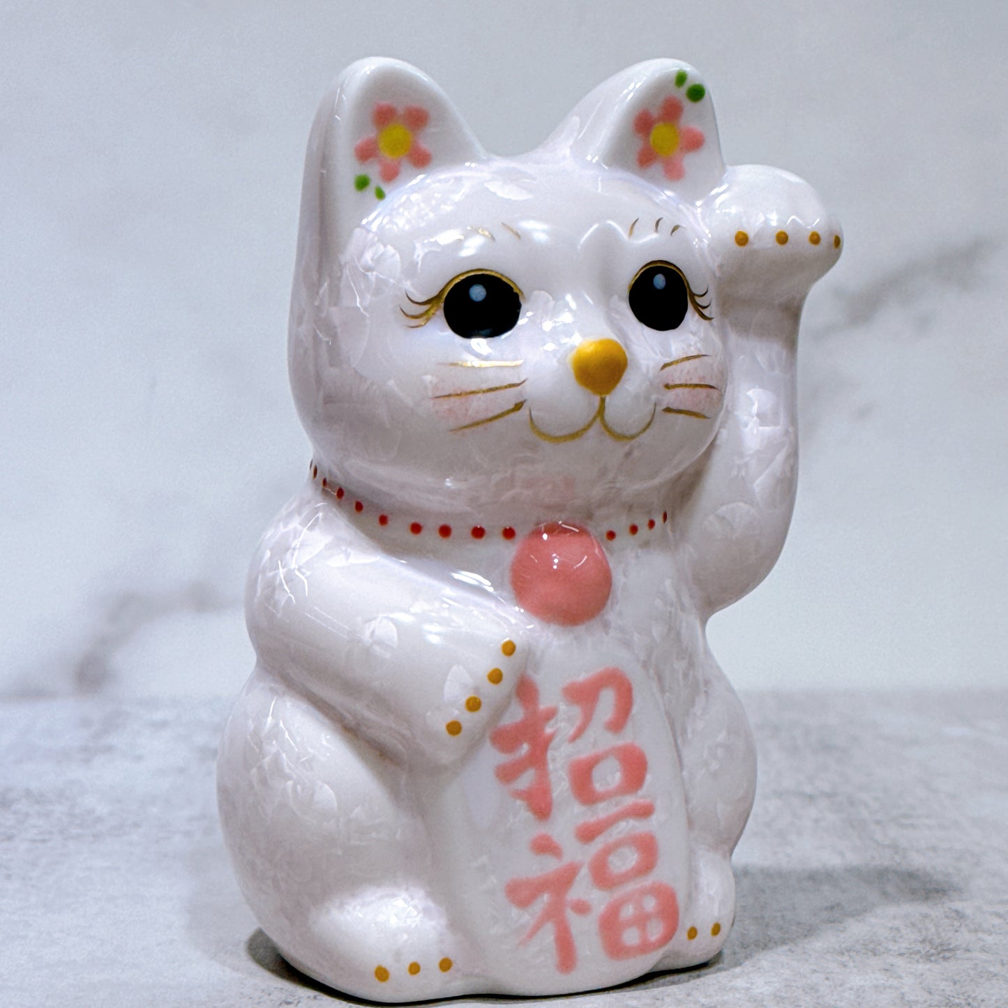 日本清水燒招財貓 花結晶 桃 左 特小