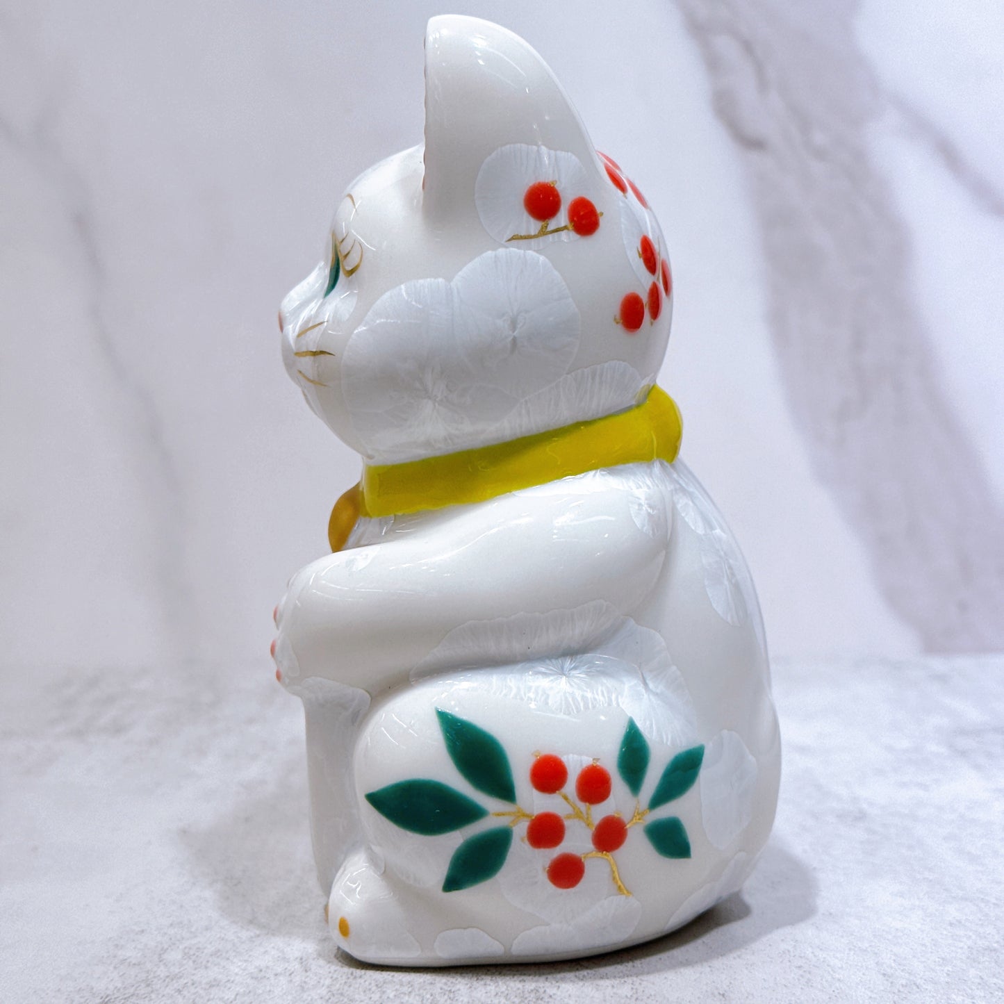 日本清水燒招財貓 花結晶 白 体花 招福 右