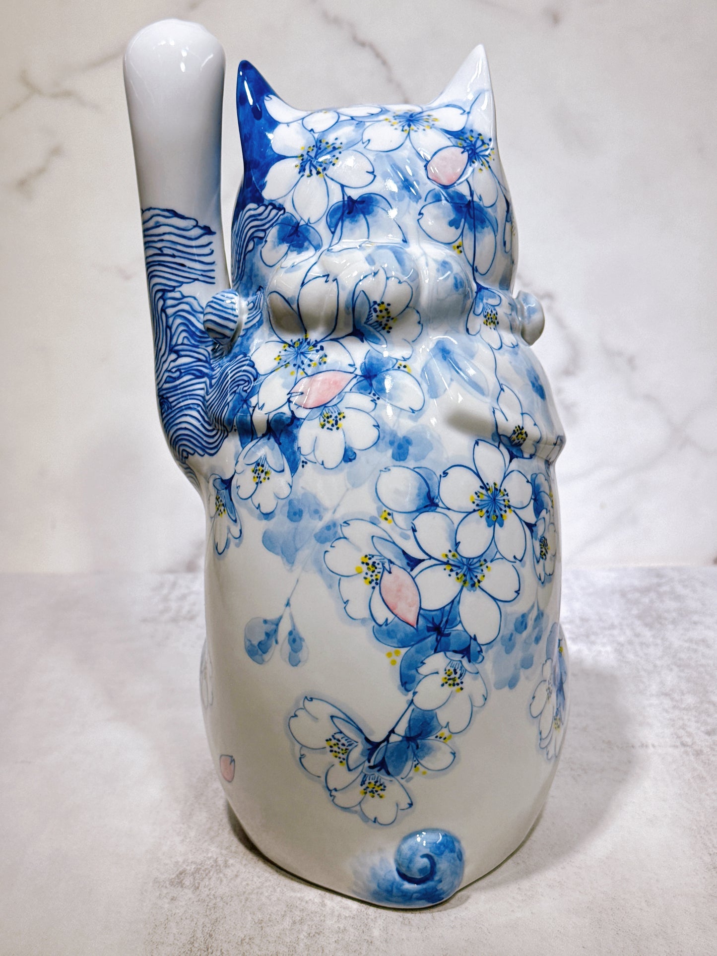 日本九谷燒招財貓 染付櫻獅子 8號