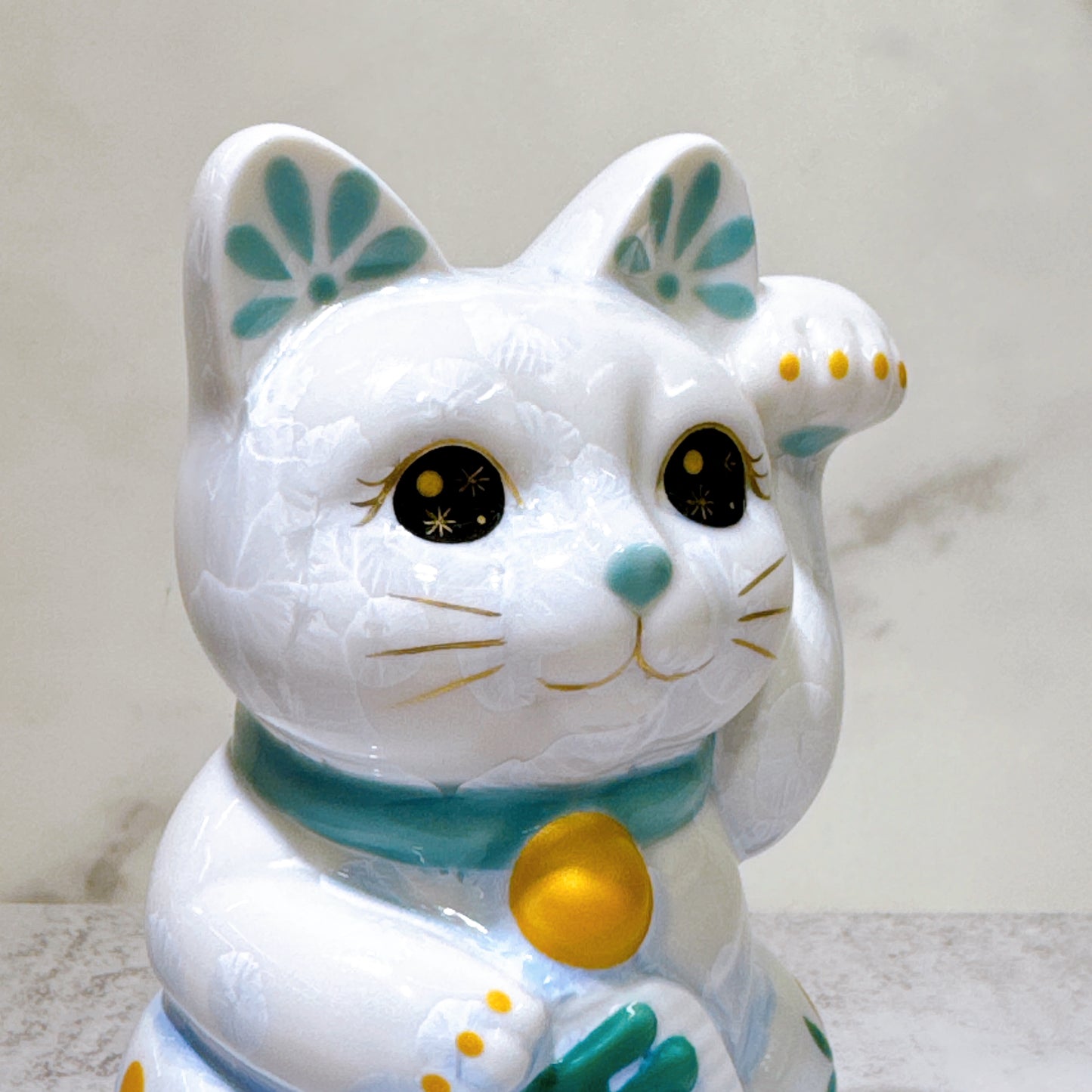 日本清水燒招財貓 花結晶 青白 千萬両 体花 左