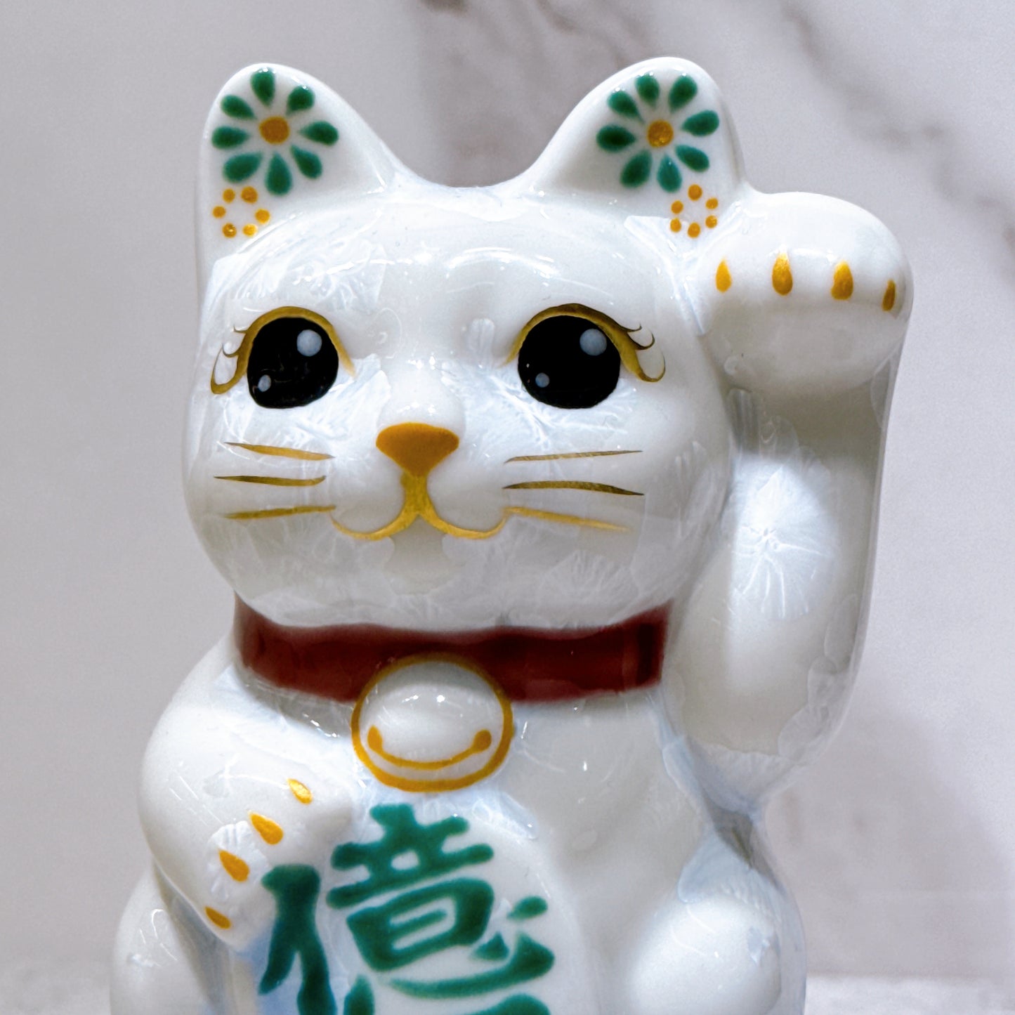 日本清水燒招財貓 花結晶 青白 億万両 左 特小