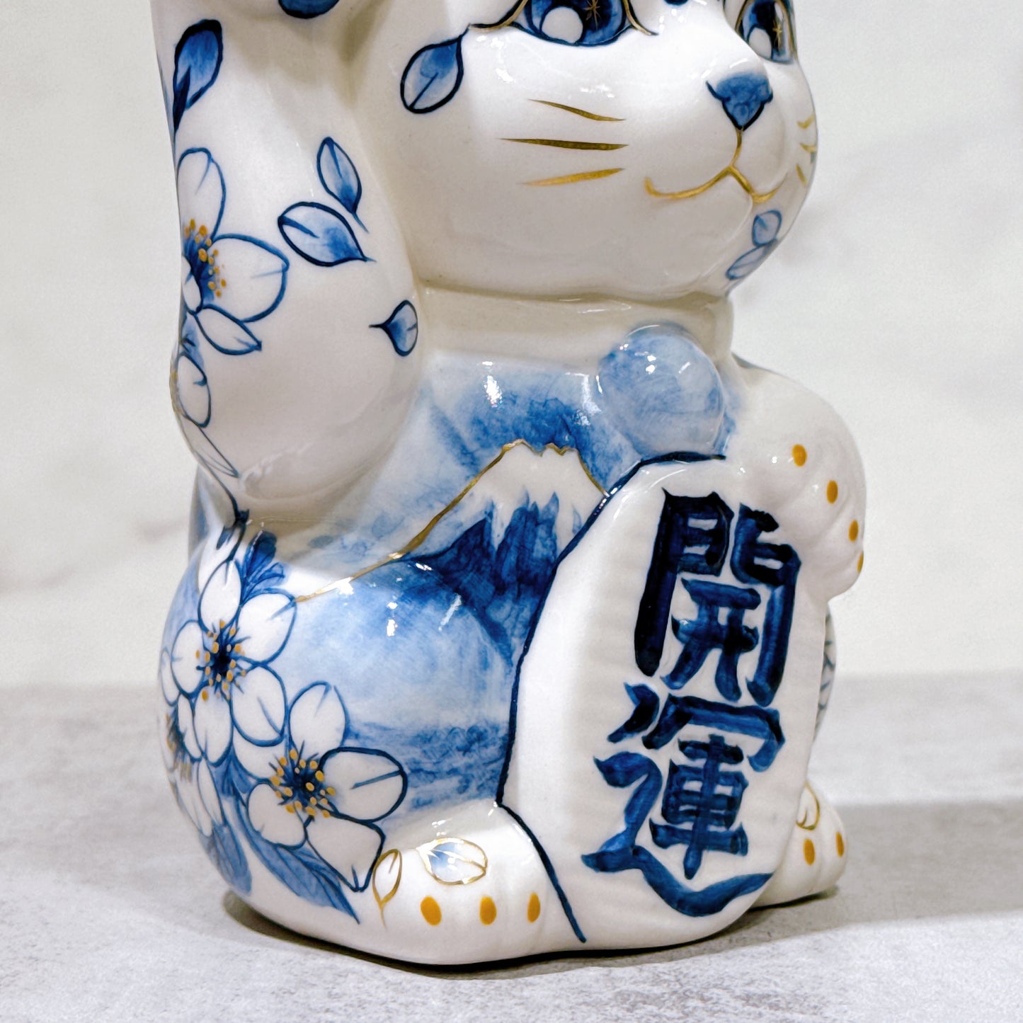 日本清水燒招財貓 染付 富士櫻 金彩