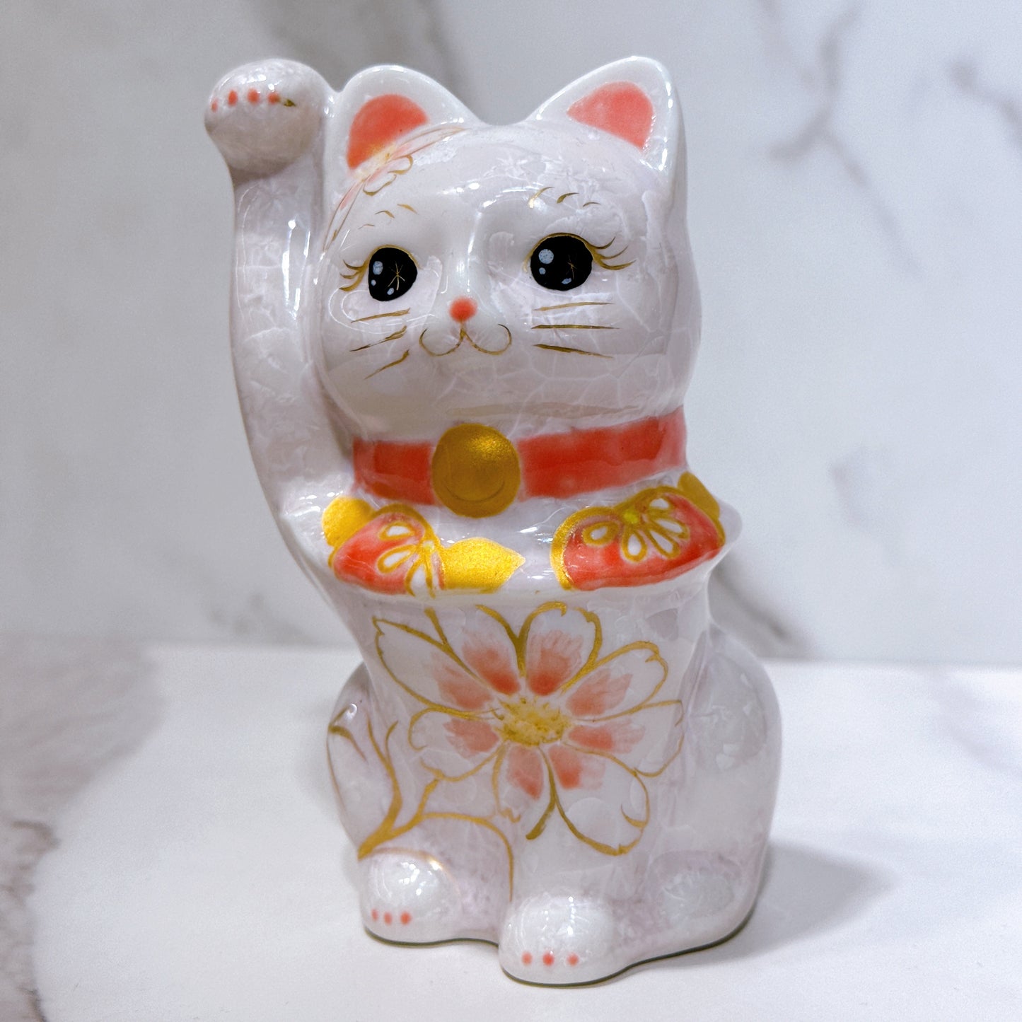 日本清水燒招財貓 花結晶 桃 体花