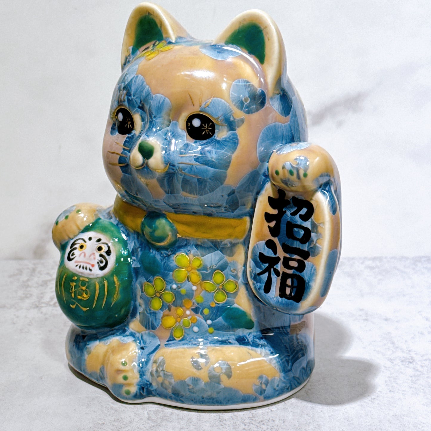 日本清水燒招財貓 達摩 花結晶 灰青 招福