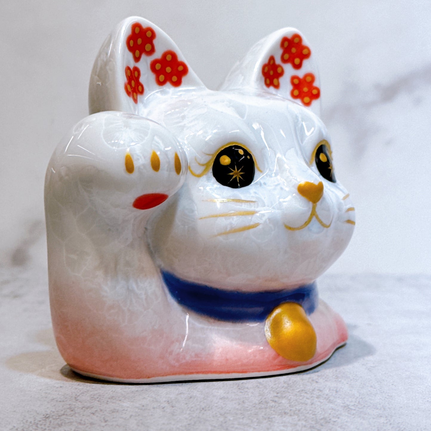 日本清水燒招財貓 貓半身 花結晶 桃白