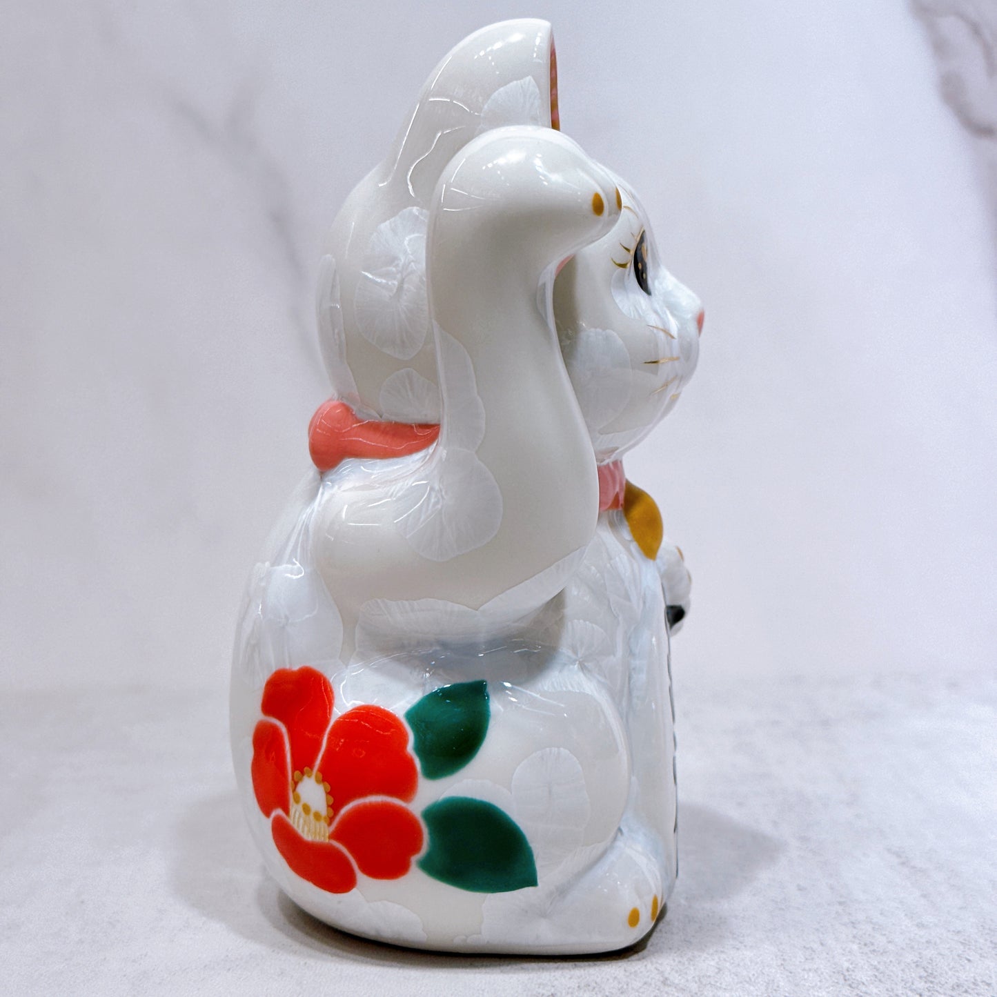日本清水燒招財貓 花結晶 白 体花 招福 右