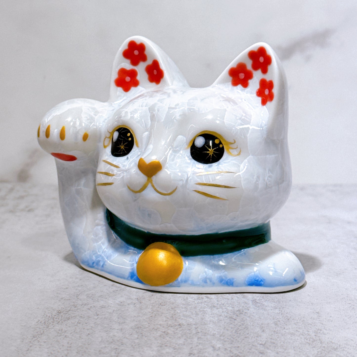 日本清水燒招財貓 貓半身 花結晶 青白
