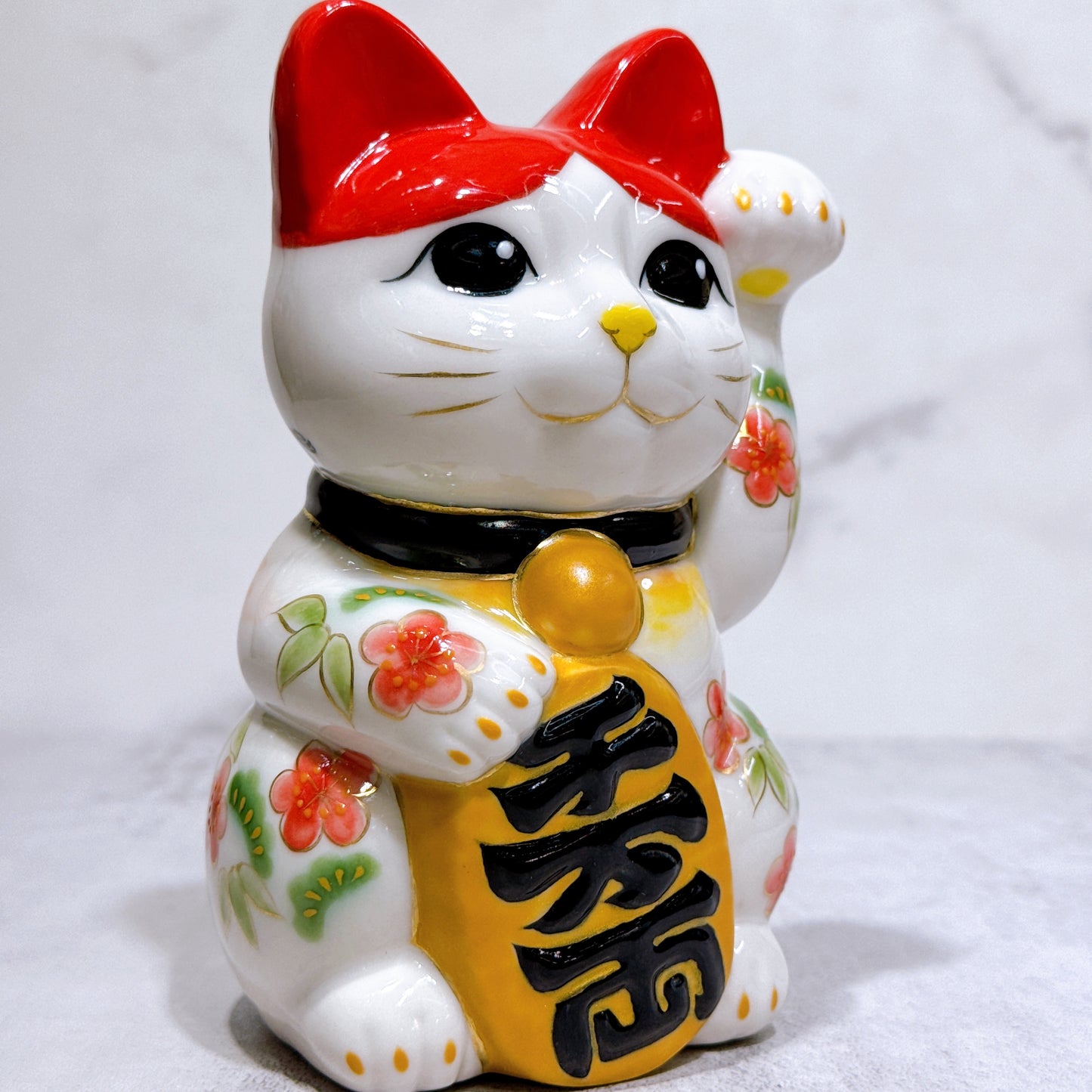 日本清水烧招财猫 色绘 鹤