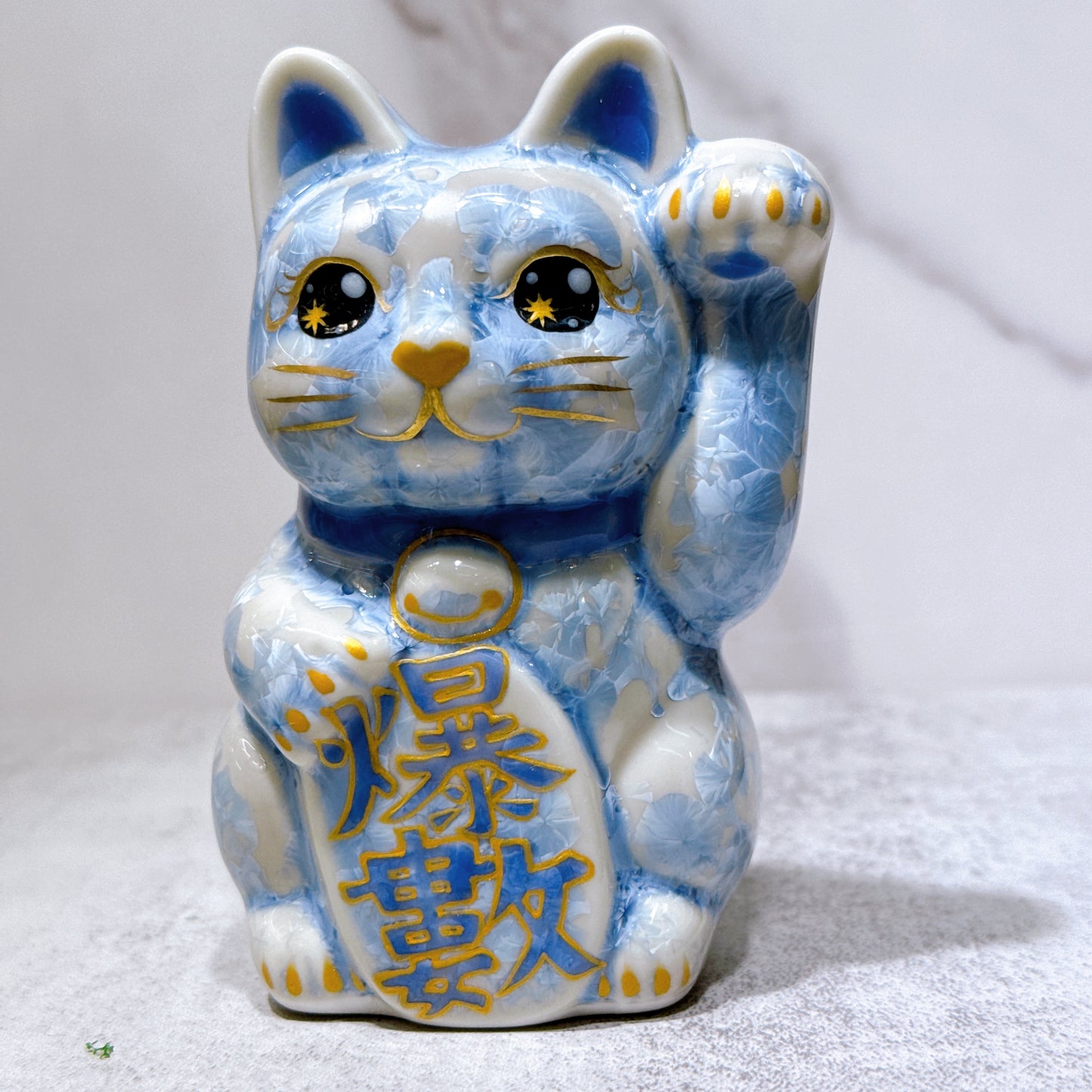 日本清水燒招財貓 花結晶 銀藤 爆數 左 特小