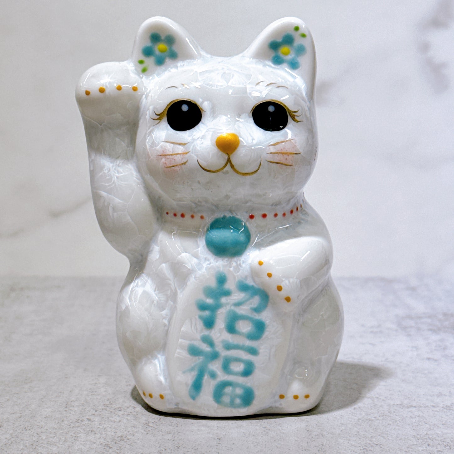 日本清水燒招財貓 花結晶 白 招福 右 特小