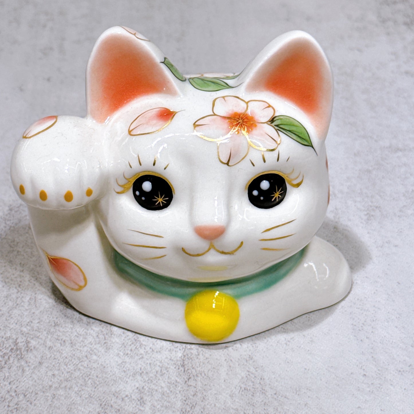 日本清水烧招财猫 色绘 猫半身 彩樱绿